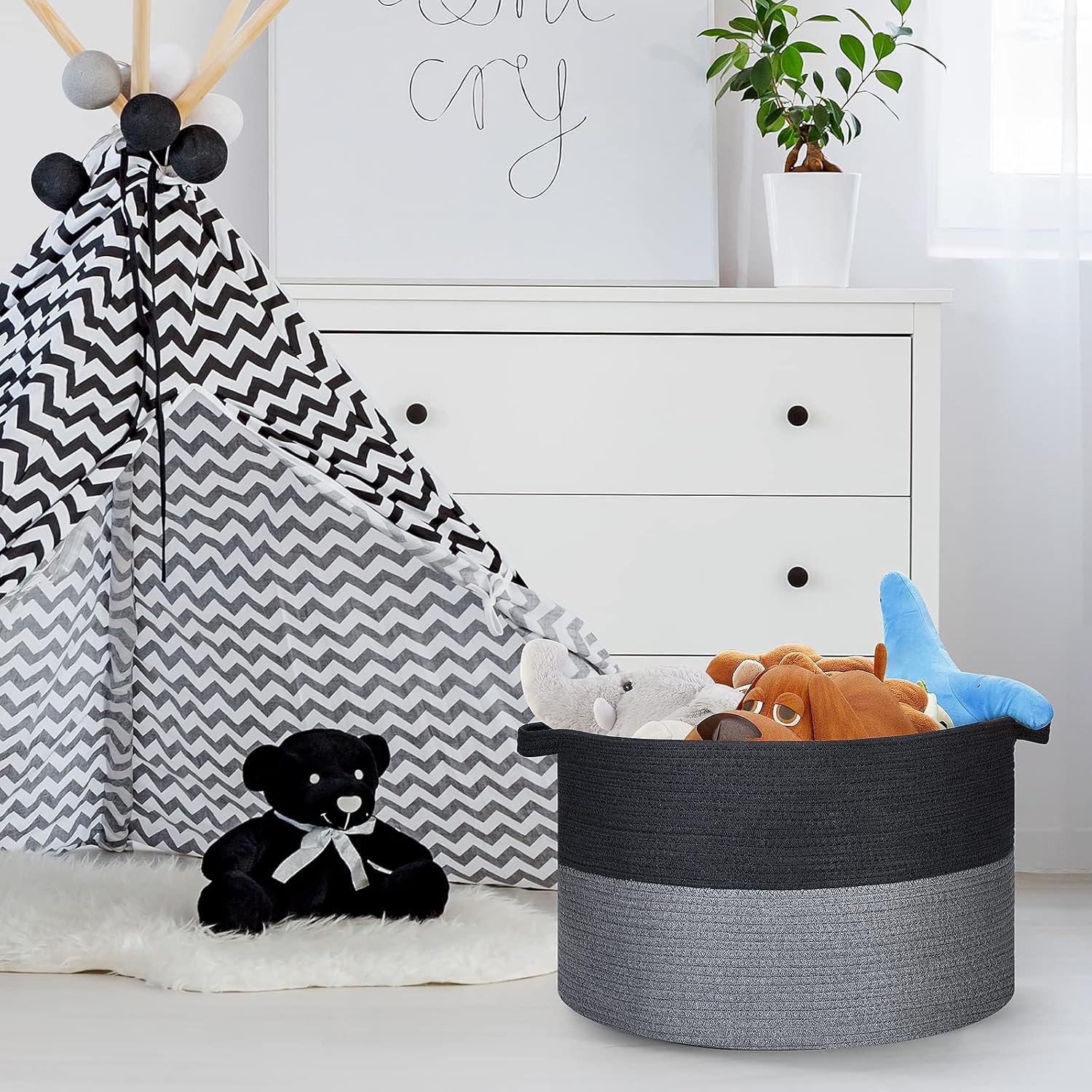 Ravinte Blanket Basket - 20"x 20"x 13" Cotton Rope Basket for Living Room, Baby Toy Storage Basket, Large Woven Laundry Basket (Black-Gray)