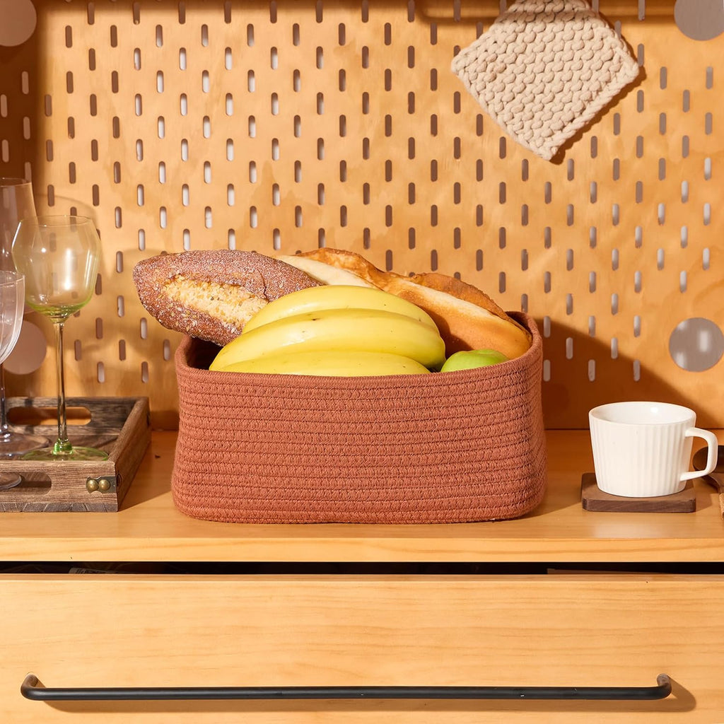 Small Storage Baskets for Organizing | Closet Organizer Bins | Shelf Toy Basket | Woven Rope Baskets | Cube Decorative Box | Shallow Basket | 11.5x7.5x4.7” | 3 Packs Oxide Red