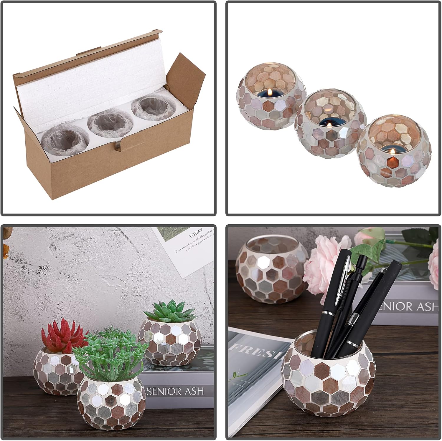 OwnMy Set of 3 Mosaic Glass Tea Light Holders Round Bowl Votive Candle Holders Pillar Candle Stands, Glass Mosaic Tealight Holders Potted Plant Bowl Vase Candle Centerpiece for Dining Table Wedding