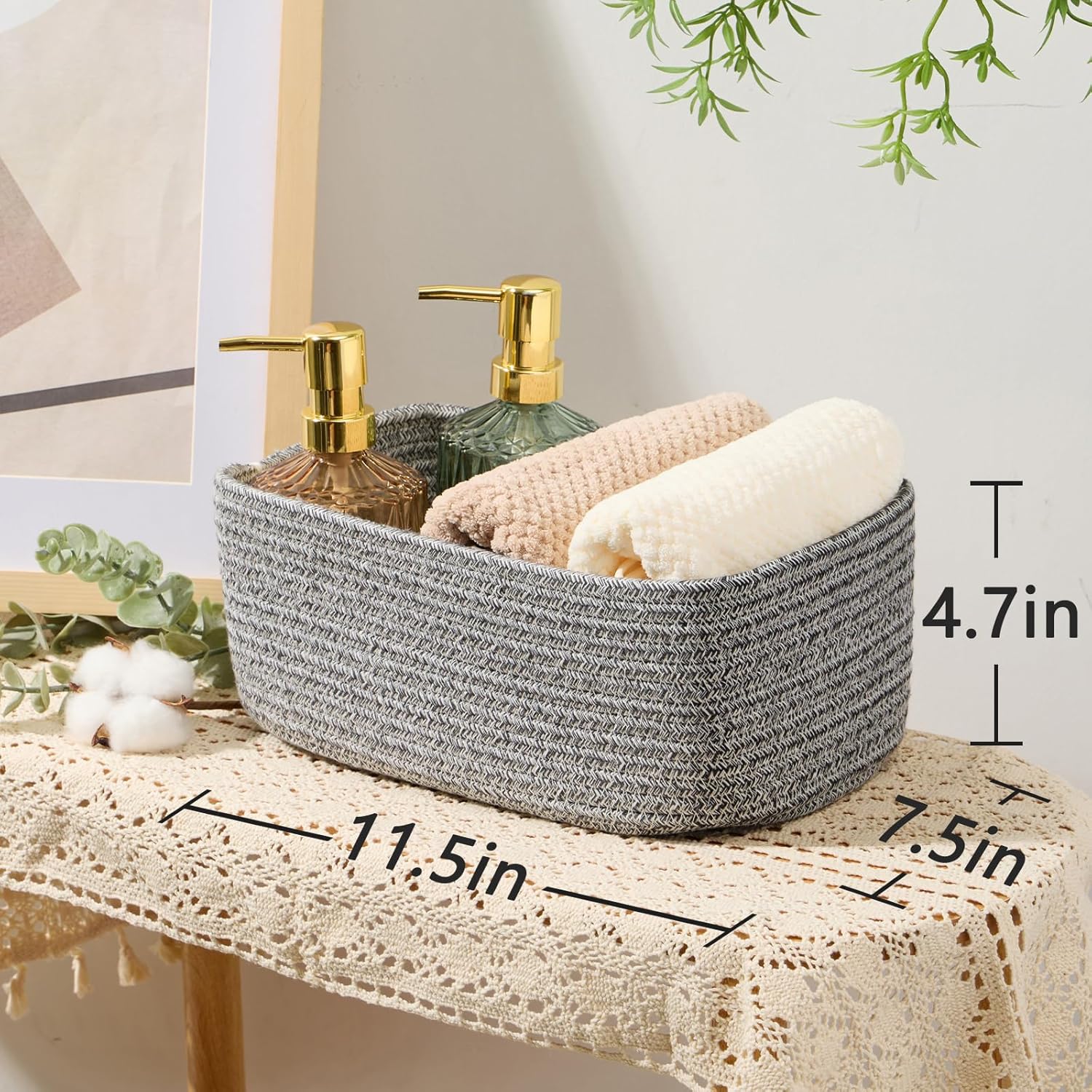 Small Storage Baskets for Organizing | Closet Organizer Bins | Shelf Toy Basket | Woven Rope Baskets | Cube Decorative Box | Shallow Basket | 11.5x7.5x4.7” | 3 Packs Mixed Grey