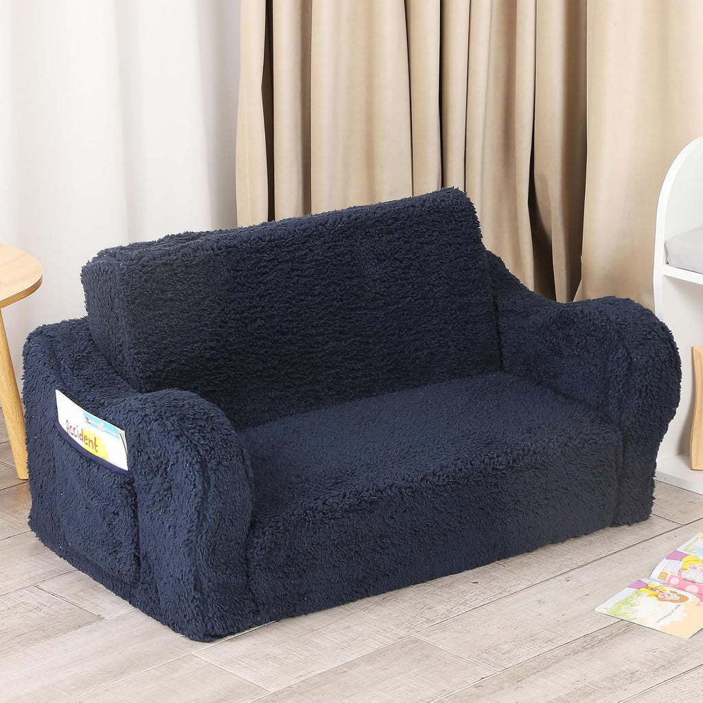 Kids Extra Wide Chairs for Toddler, 2-in-1 Toddler Soft Sherpa Couch Fold Out, Convertible Sofa to Lounger for Girls and Boys, Dark Blue