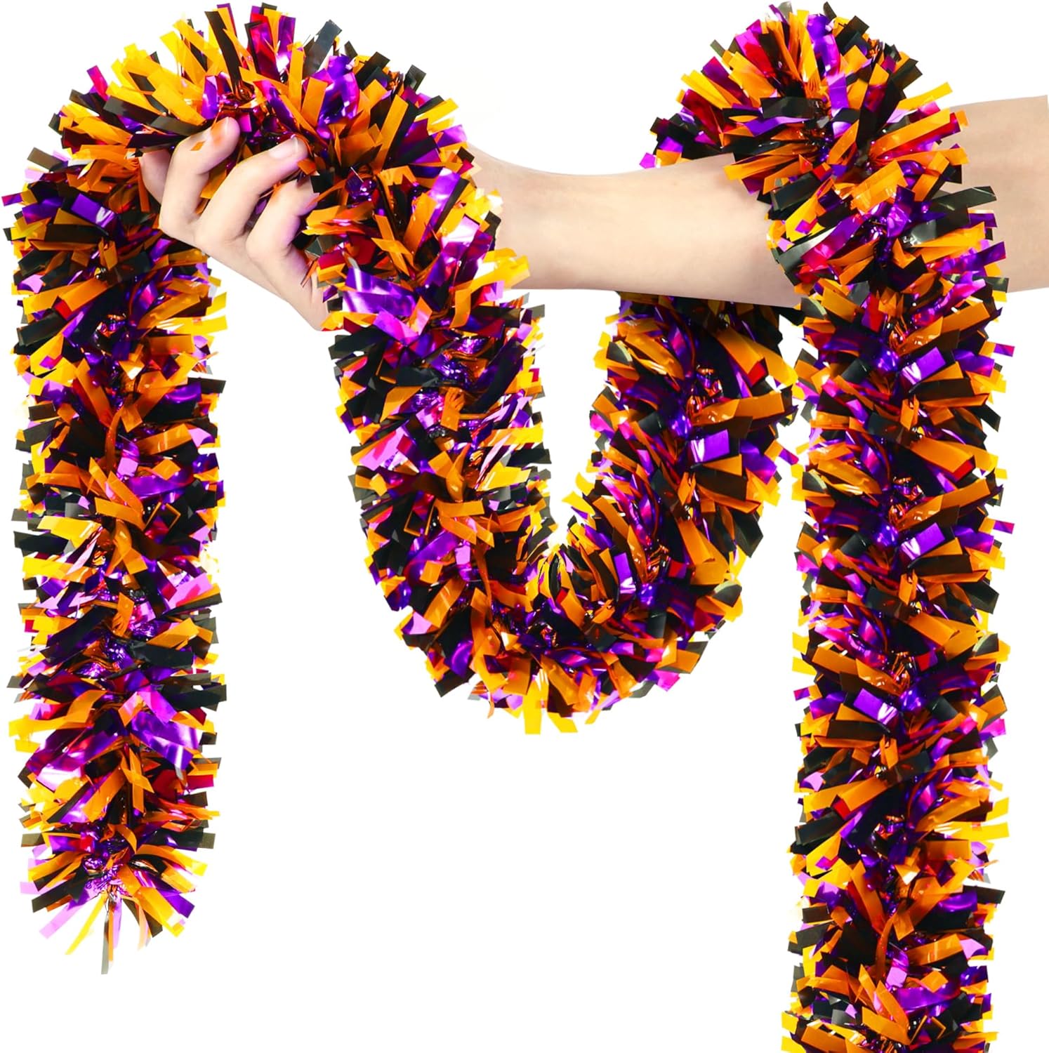 50FT Halloween Decorations Tinsel Garland, Orange Purple Black Shiny Metallic Tinsel Twist Hanging Streamers Garland for Halloween Birthday Home Tree Banister Indoor Outdoor Party Decor Supplies