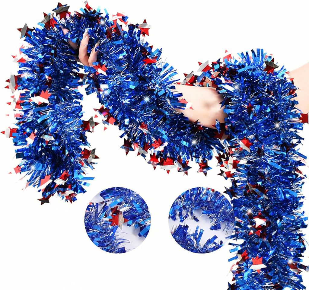 4th of July Patriotic Tinsel Garland Decoration 33FT, Red White and Blue Tinsel Garland with Shiny Star Metallic Garlands,Independence Day Memorial Day Decor for Home Indoor Outdoor