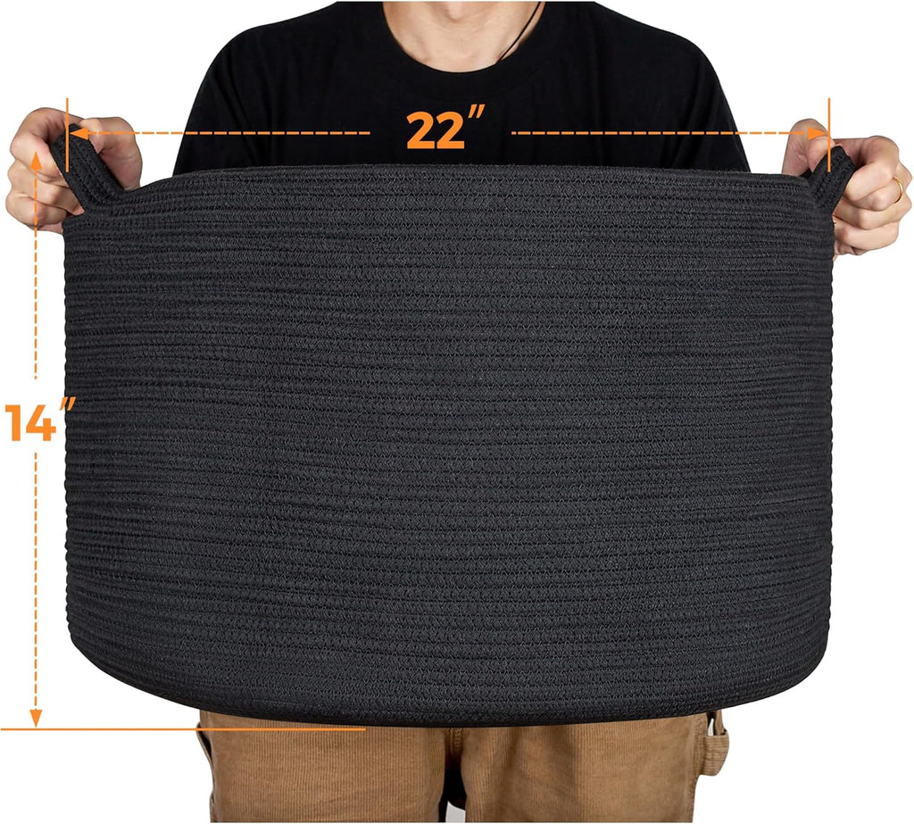 Ravinte Large Storage Basket - 22"x 22"x 14" Blanket Basket for Living Room, Baby Toy Storage Basket, Cotton Rope Basket Woven Laundry Basket (Black)