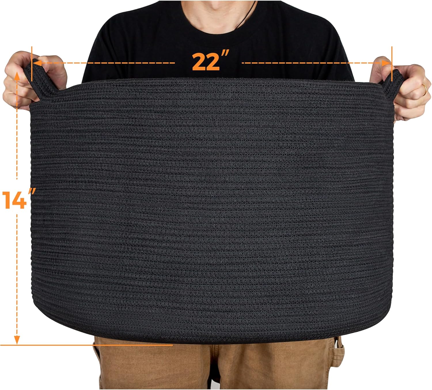 Ravinte Large Storage Basket - 22"x 22"x 14" Blanket Basket for Living Room, Baby Toy Storage Basket, Cotton Rope Basket Woven Laundry Basket (Black)