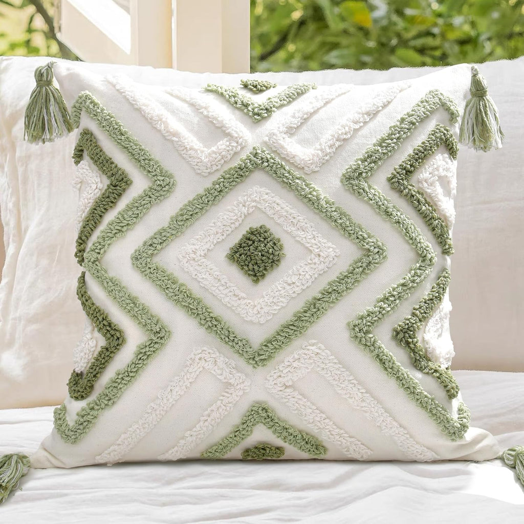 Boho Pillow Covers 18X18 Inch Boho Tufted Throw Pillow Covers Decorative Tassels Cushion Cover Farmhouse Pillow Case for Couch Sofa Bed Living Room Bedroom, Green