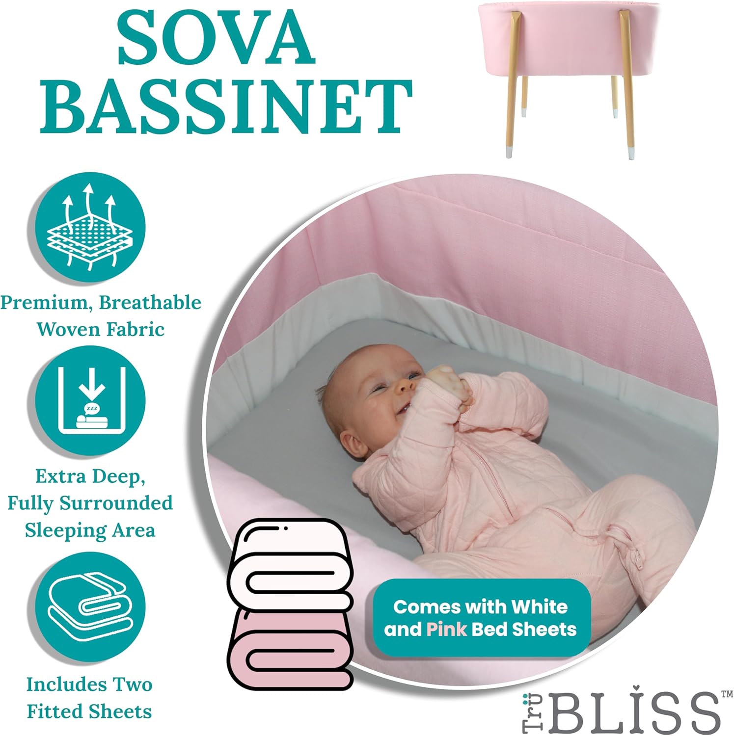 Sova Portable Baby Bassinet, Mid-Century Design with Extra Deep Walls for Newborns and Babies Safety, Includes 2 Fitted Sheets and Padded Mattress (Precious Pink)
