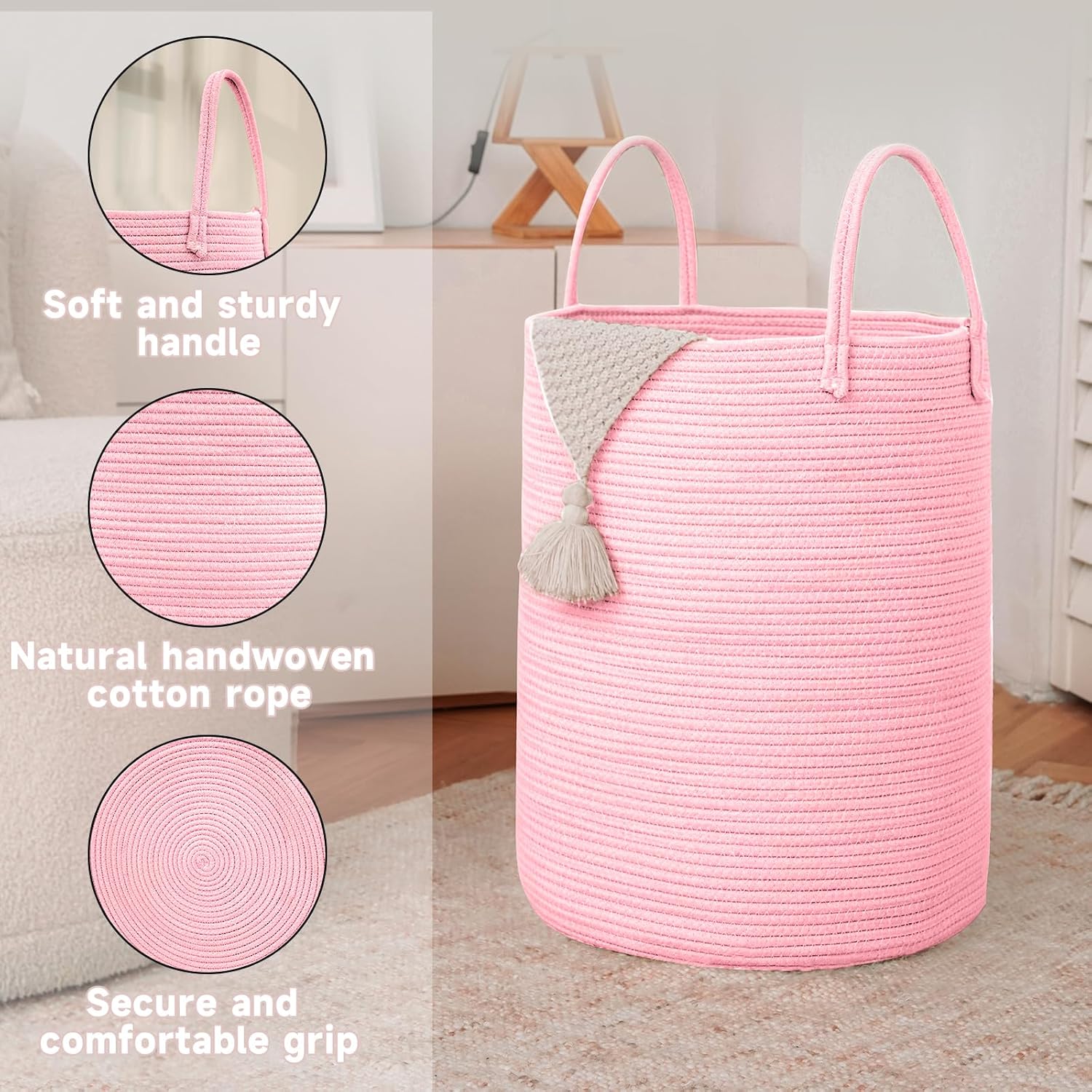 Large Woven Laundry Basket Hamper,100L Cotton Rope Storage Bin for Blankets,Toys and Clothes,Decorative Tall Nursery Hamper for Living Room,Baby Nursery,Bathroom and Bedroom,Pink