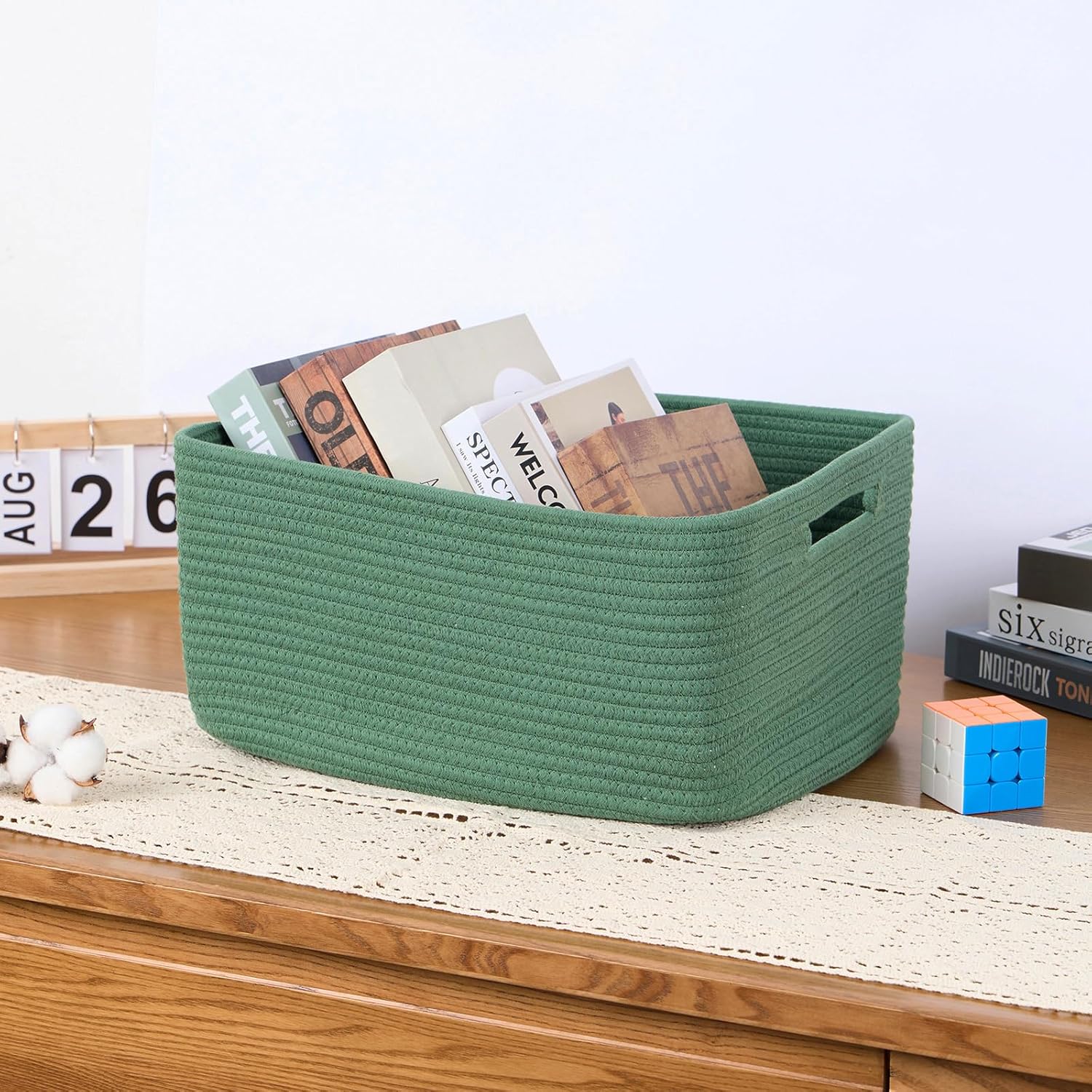 Large Storage Baskets for Organizing, Closet Shelf Baskets for Clothes Blanket Towels, Baby Nursery, Toy Bins Box, Woven Rope Baskets, 17 x 13 x 7.5”, 4 Packs Green