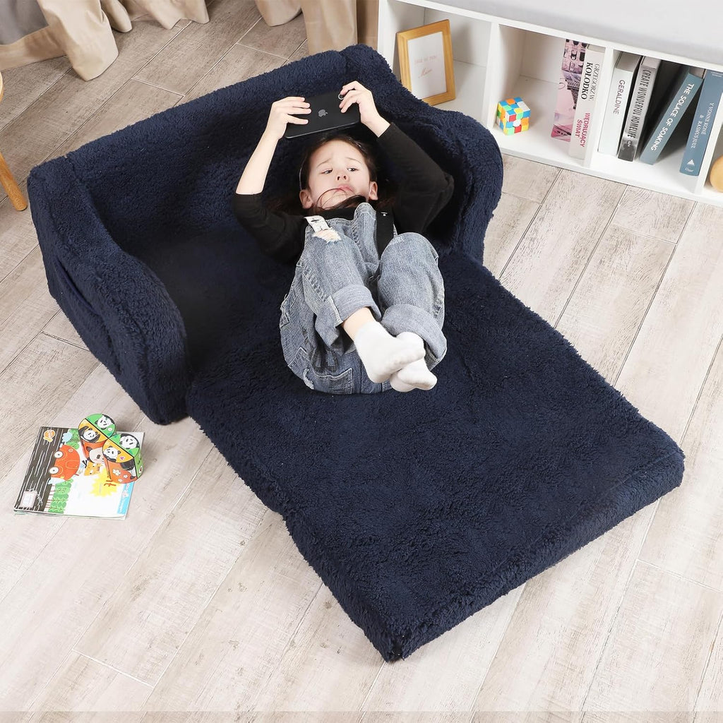 Kids Extra Wide Chairs for Toddler, 2-in-1 Toddler Soft Sherpa Couch Fold Out, Convertible Sofa to Lounger for Girls and Boys, Dark Blue