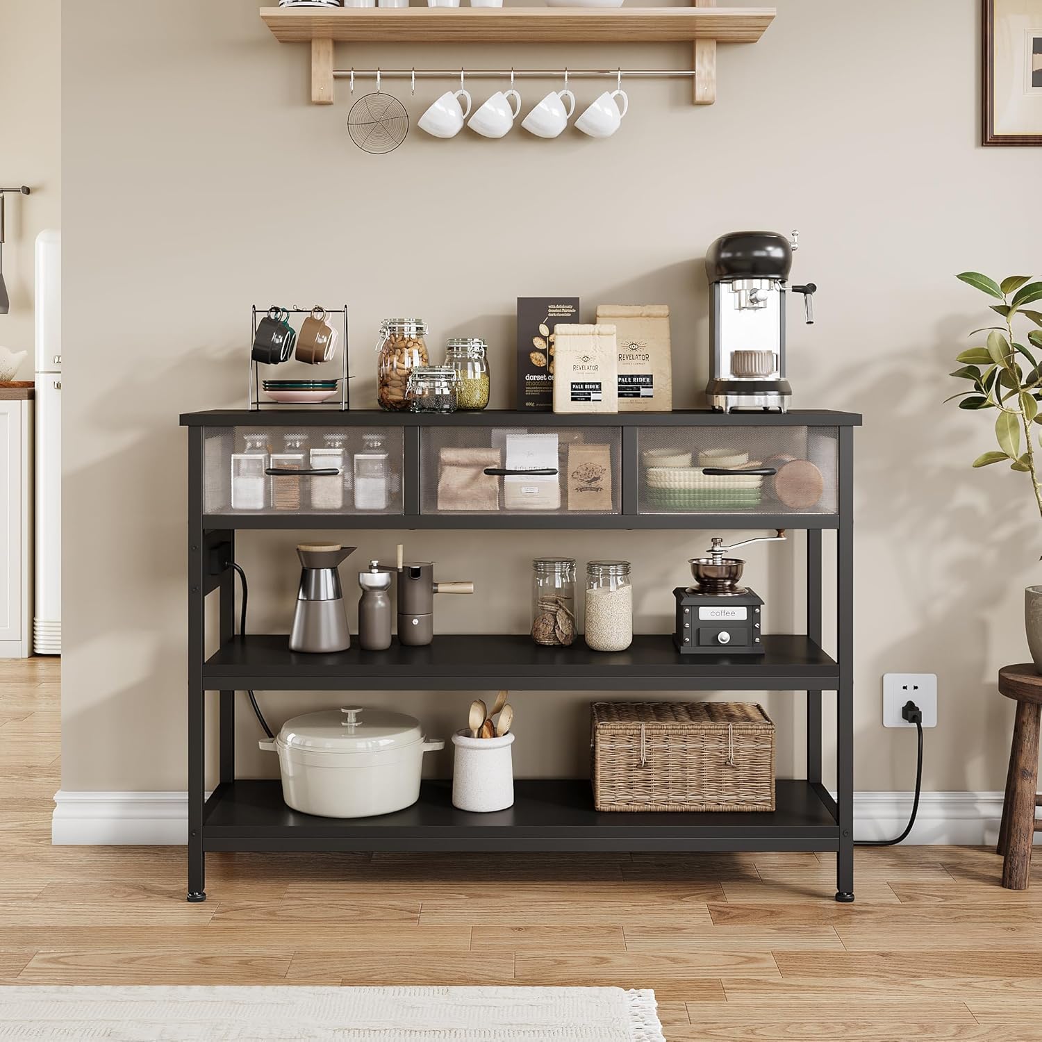 Lulive 2 Pack Entryway Table with Power Outlets, Console Table with 3 Fabric Drawers, Sofa Table for Living Room, Hallway, Couch, Foyer, Height Adjustable