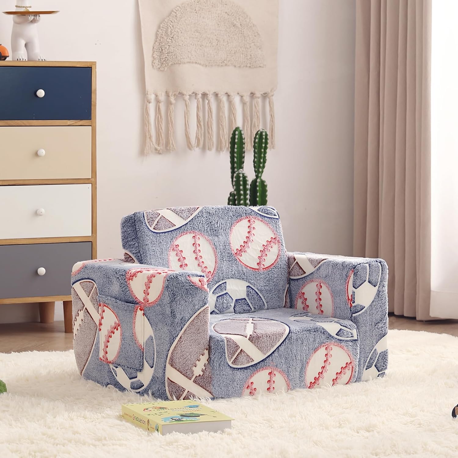 Toddler Chair Kids Couch, 2-in-1 Toddler Soft Sherpa Couch Fold Out Armchair Glow in The Dark with Removable Cover, Convertible Reading Chair Toddler Sofa for Kids, Football