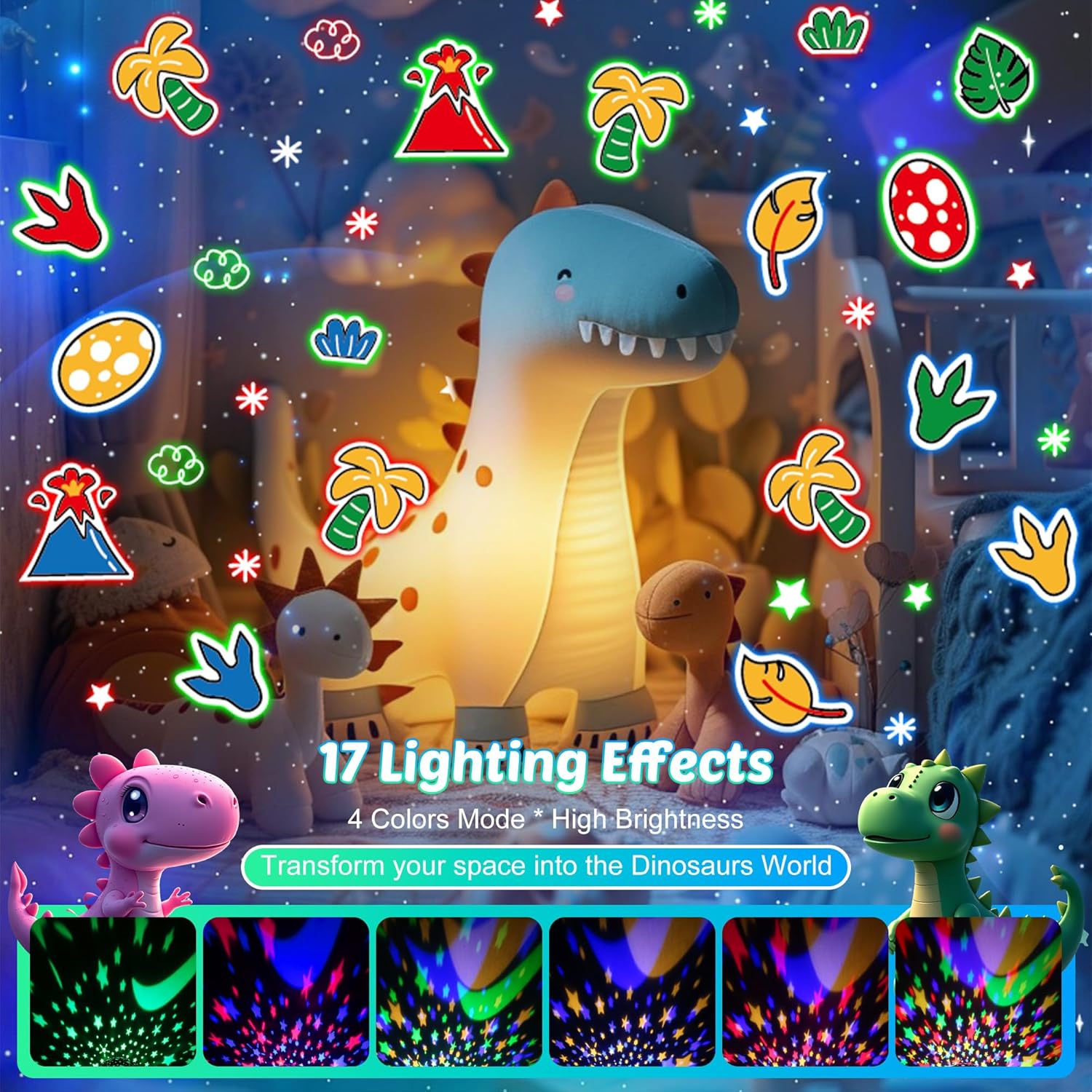Dinosaur Night Light Projector for Kids Green Dino Toys for Boys, Star Night Lights with Music and Timer, 17 Mode Color Changing Lamp with Remote, Christmas Birthday Gift for Baby Girl Boy