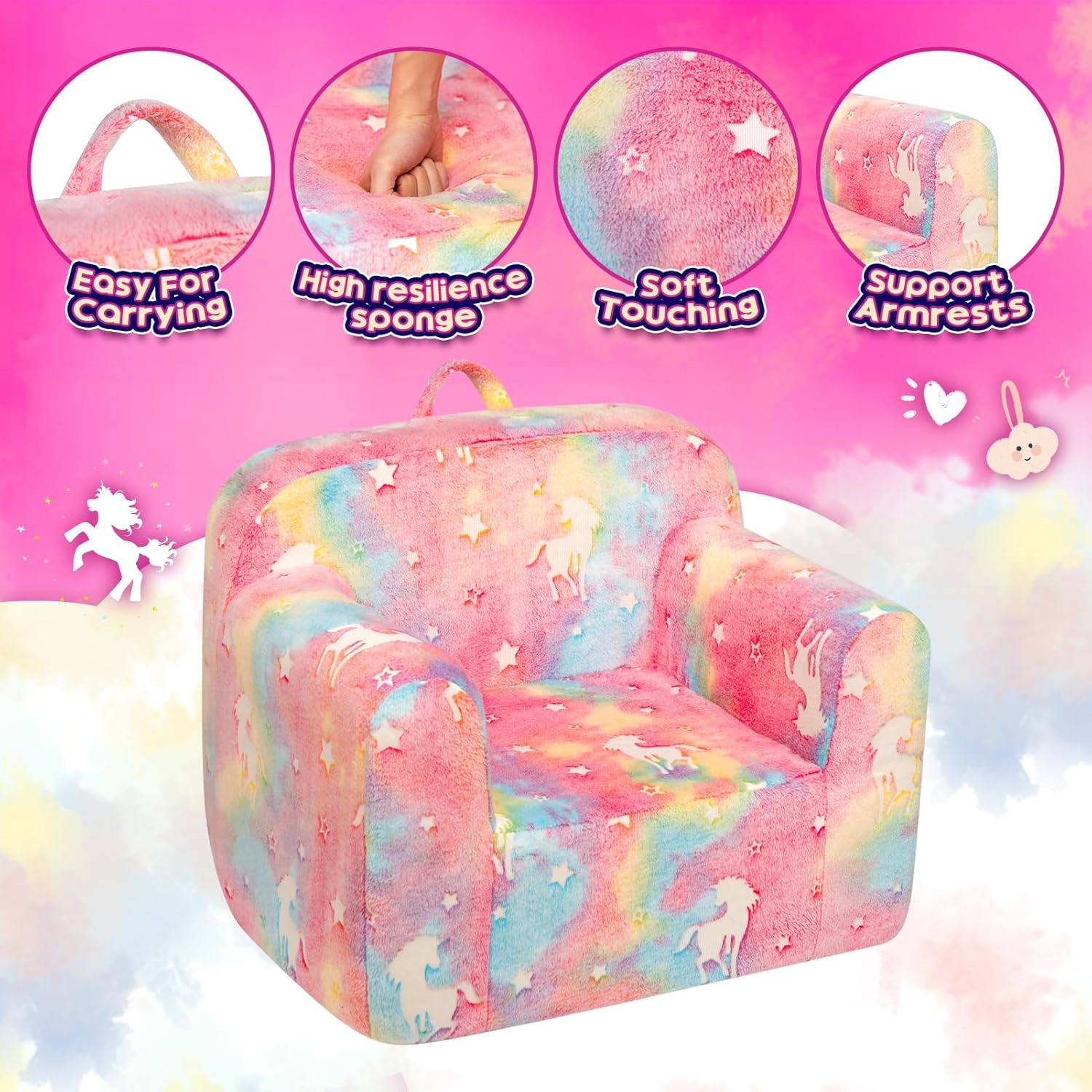 ALIMORDEN Kids Ultra-Soft Snuggle Foam Filled Chair, Cuddly Sherpa Reading Couch for Boys and Girls,Glow-in-The-Dark Unicorn Pattern