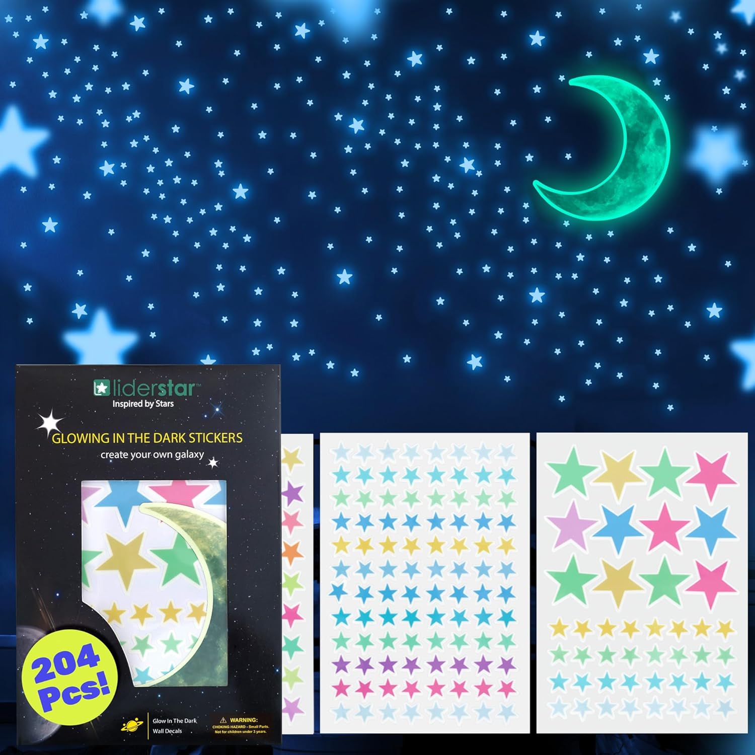 Glow in The Dark Stars and Moon for Ceiling, Luminous Star and Moon Wall Decals, Wall Decor, Sticky Fluorescence Ceiling Stars, Gift for boy and Girl,Kids Nursery Bedroom Living Room(Mixed Colors)