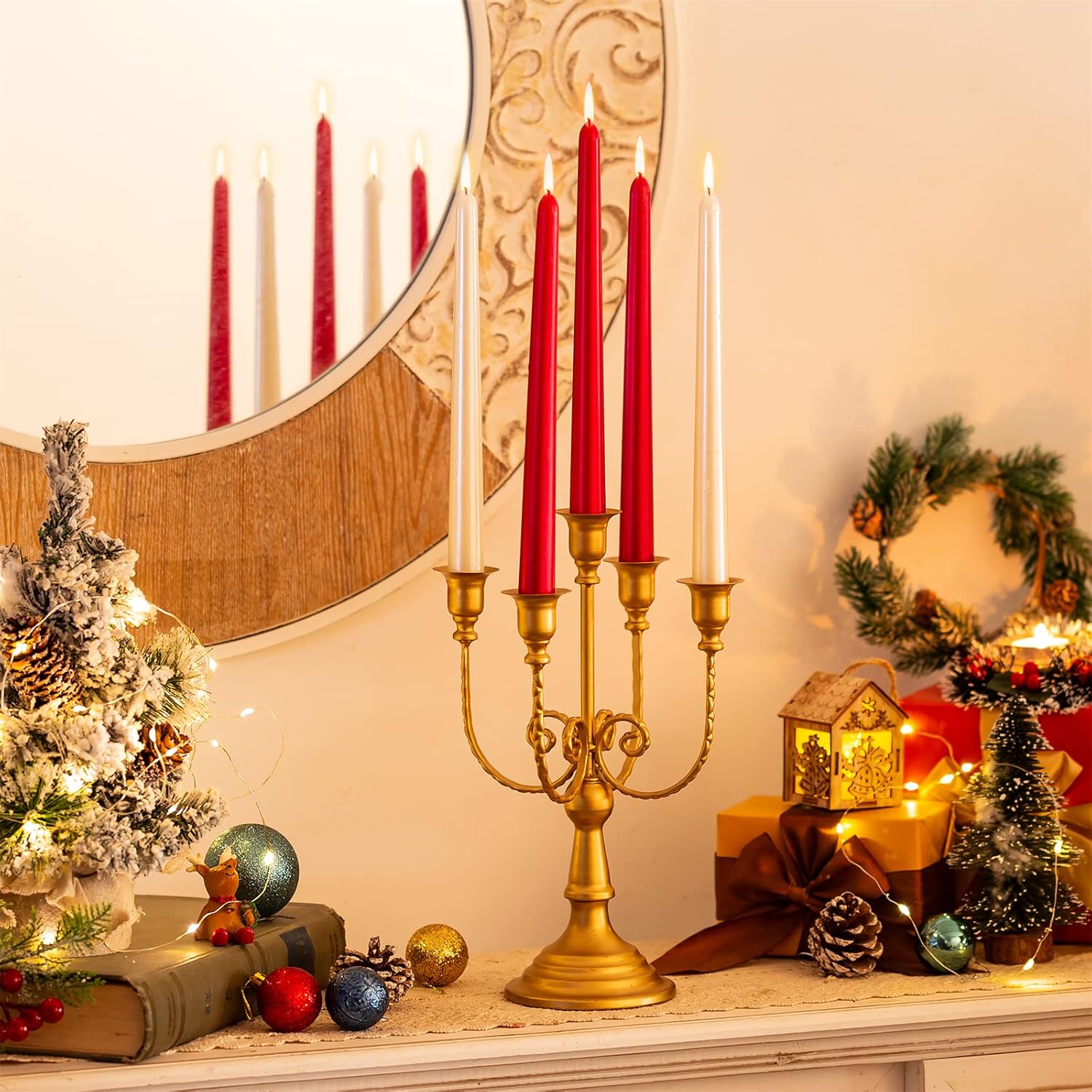 Sziqiqi Candelabra Candle Holder Gold Set of 6-5-arm Metal Candlestick Holders for Taper Candles for Centerpieces Table Wedding Christmas Fireplace Decor Birthday