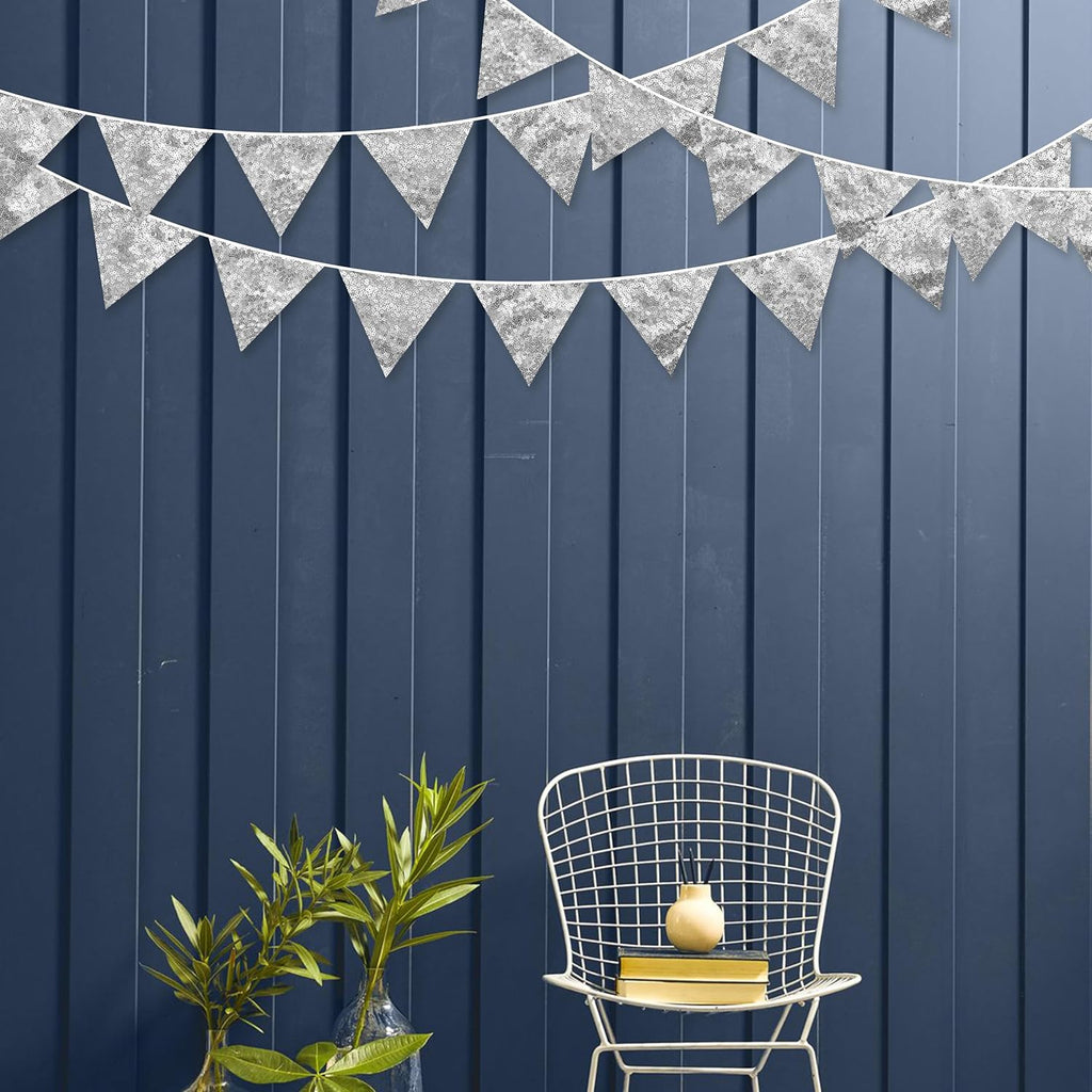 Pinkblume Double Sided Sequin Fabric Triangle Pennant Banner Flag Bunting Garland for Silver Theme Nursery Classroom Home Bedroom Wall Holiday Christmas Decor