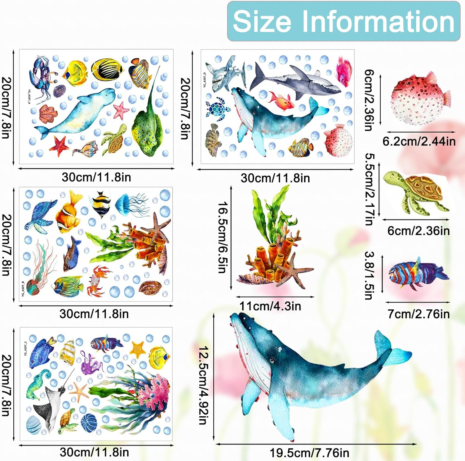 Glow in The Dark Ocean Wall Decals, 4 Sheets Underwater Sea Animal Stickers (Dolphin, Turtle, Jellyfish), Self-Adhesive Kids Bedroom Decor for Boys & Girls, Blue Glow Nursery Wall Art (7.8x11.8in)