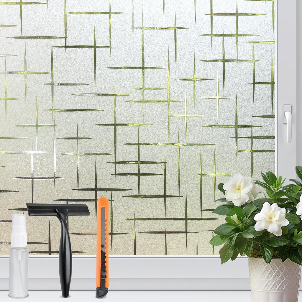 HIDBEA Window Privacy Film, Decorative Staic Cling Frosting Film, Heat Control UV Blocking Non-Adhesive Window Sticker for Home, Cross Pattern,17.5 X 78.7 Inch