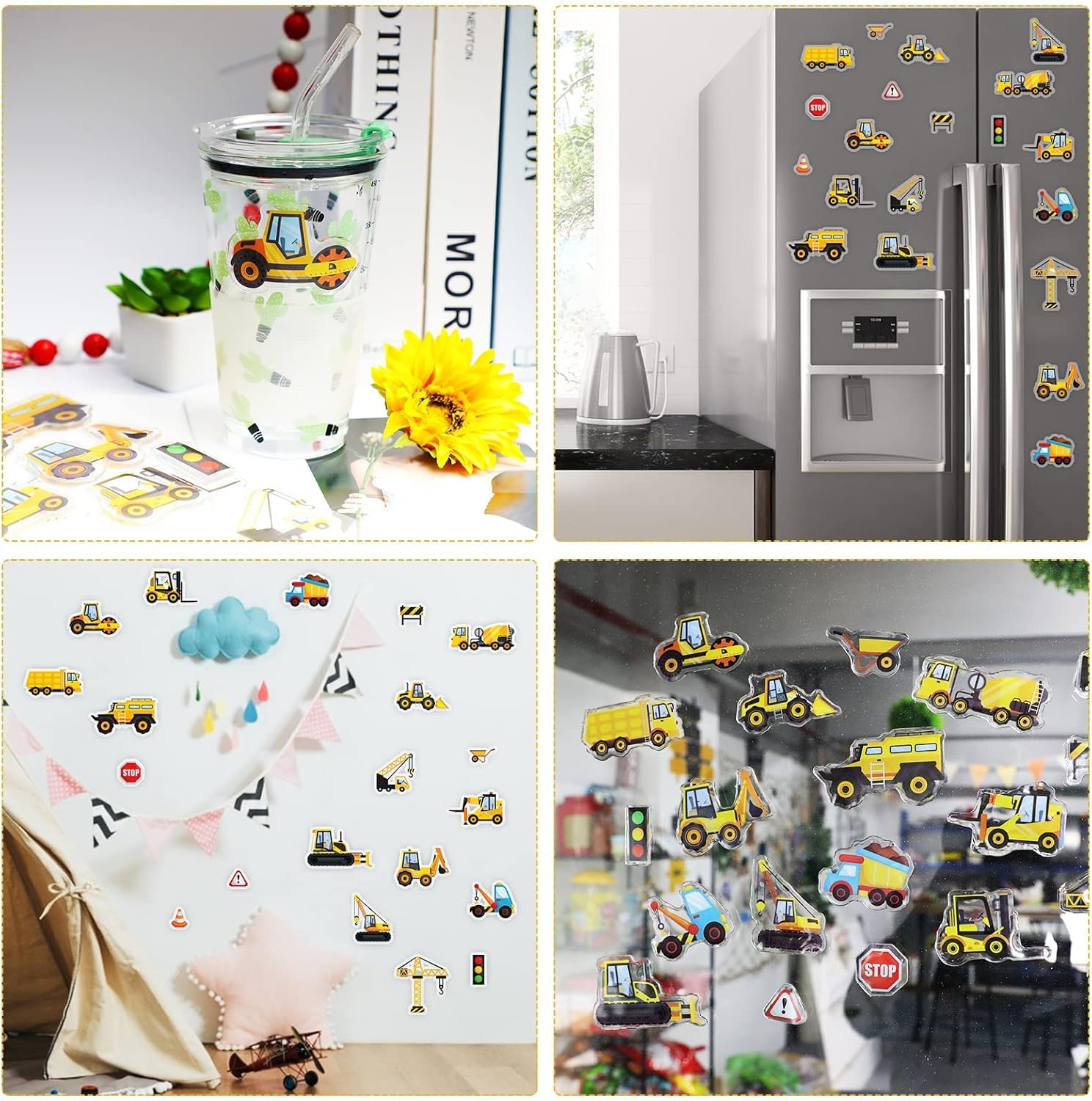 Tevxj Construction Vinyl Gel Clings, 20 Pcs Yellow & Black Transportation Stickers for Kids, Reusable Wall & Window Decor, Airplane, Truck Decals, Party Supplies