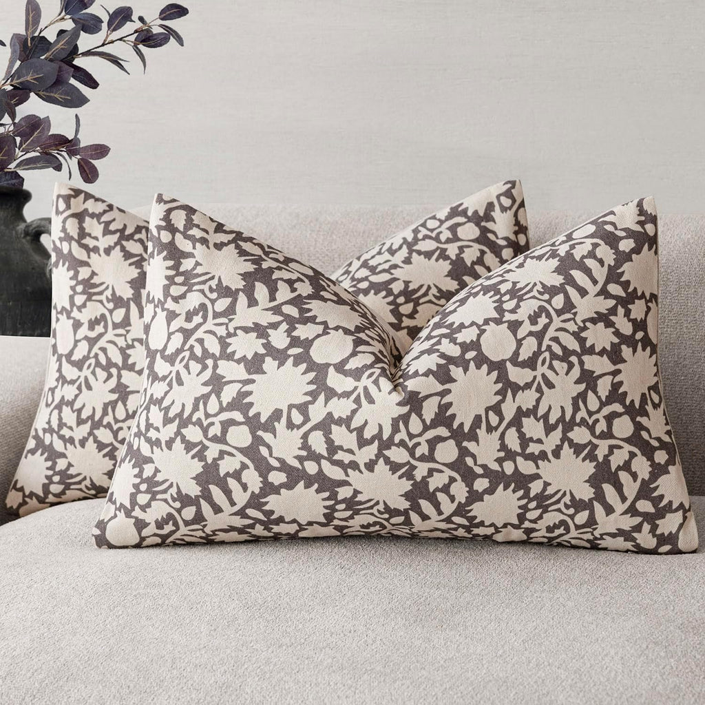 Foindtower Set of 2 Decorative Neutral Floral Throw Pillow Covers Accent Farmhouse Cushion Covers Boho Lumbar Pillowcase for Couch Sofa Bedroom Living Room Home Decor Outdoor,12×20 Inch,Rustic Gray