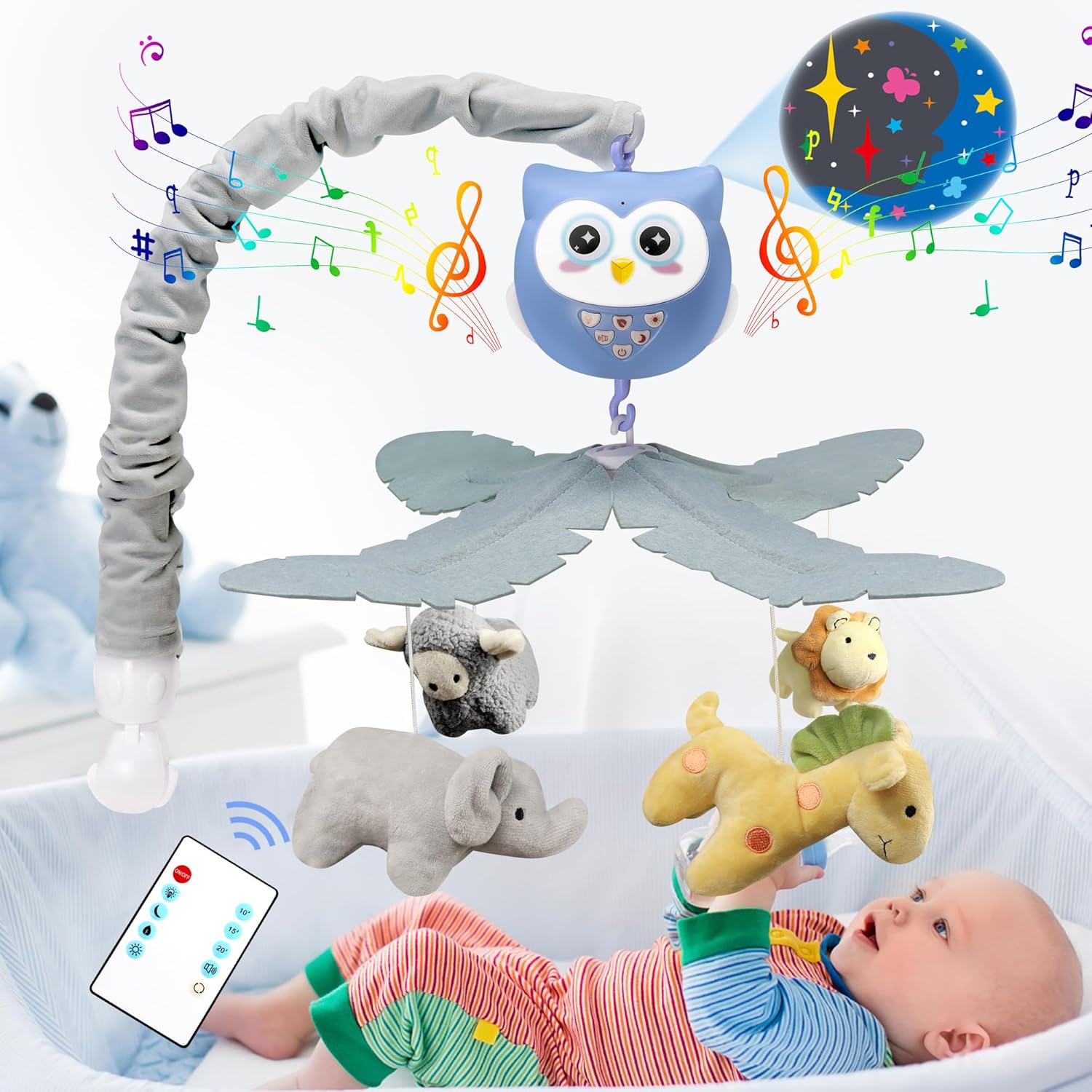 Baby Crib Mobile with Music and Lights for Boys Musical Mobile Animals for Crib Bassinet Girls Toys Hanging Portable Safari Nursery Decor Blue