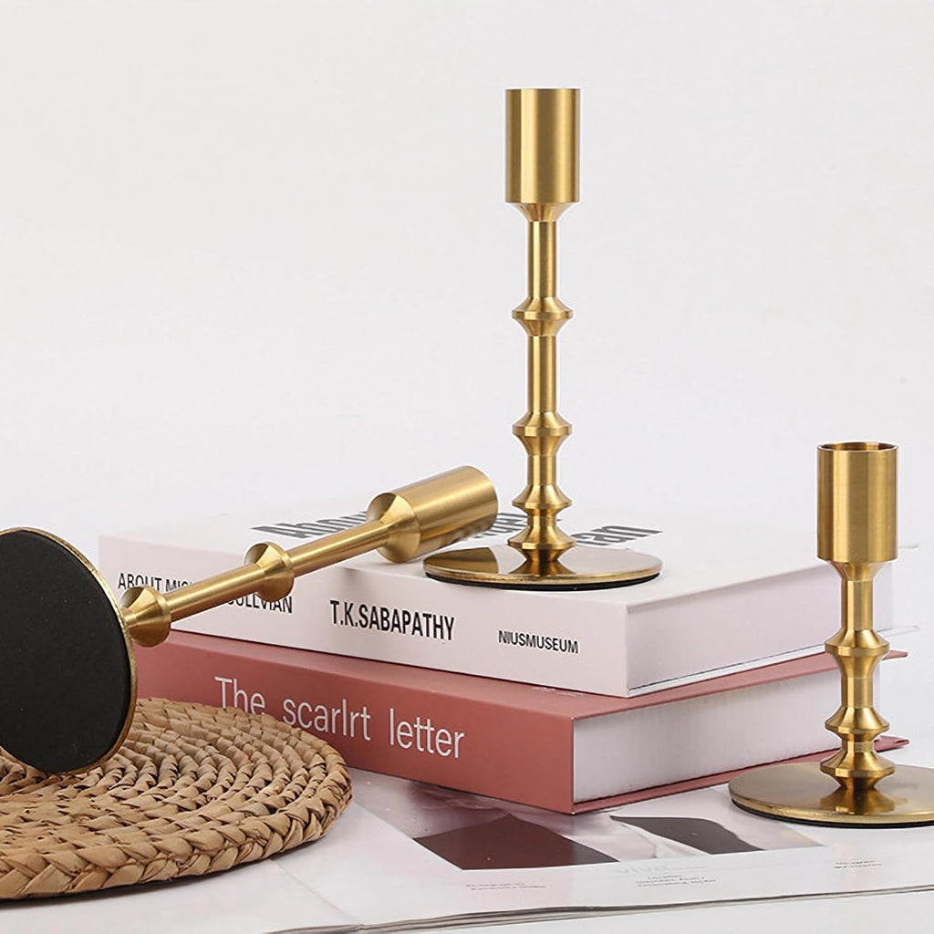 Gold Candle Holders,Modern Candle Stick Holders for Table Mantel Wedding Housewarming, Set of 3 Metal Brass Candlestick Holder