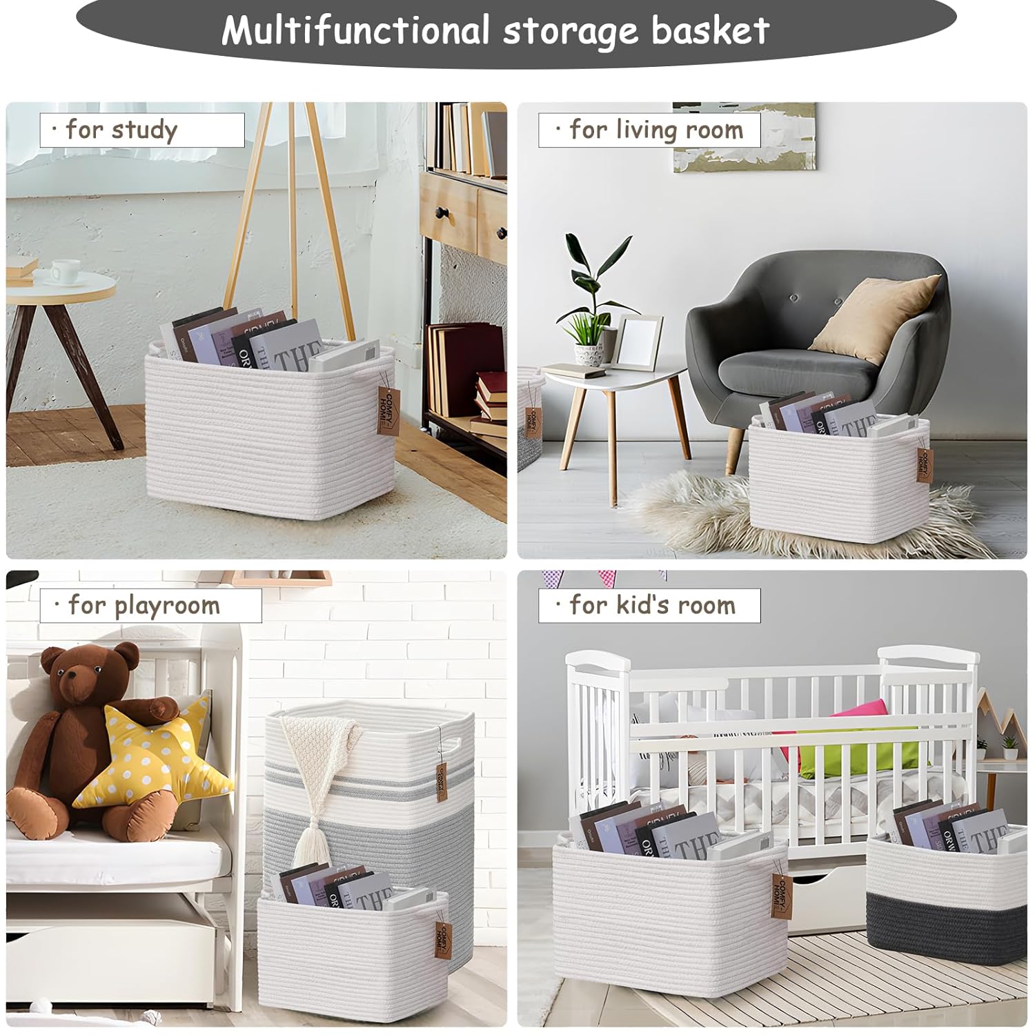 COMFY-HOMI Cotton Rope Woven Basket with Handles for Shelves,Toys,Book, Cloth Storage Baskets Bin for Organizing-13.5"x11"x9.5" Toy Decorative Organizer for Living Room, Bathroom-All White