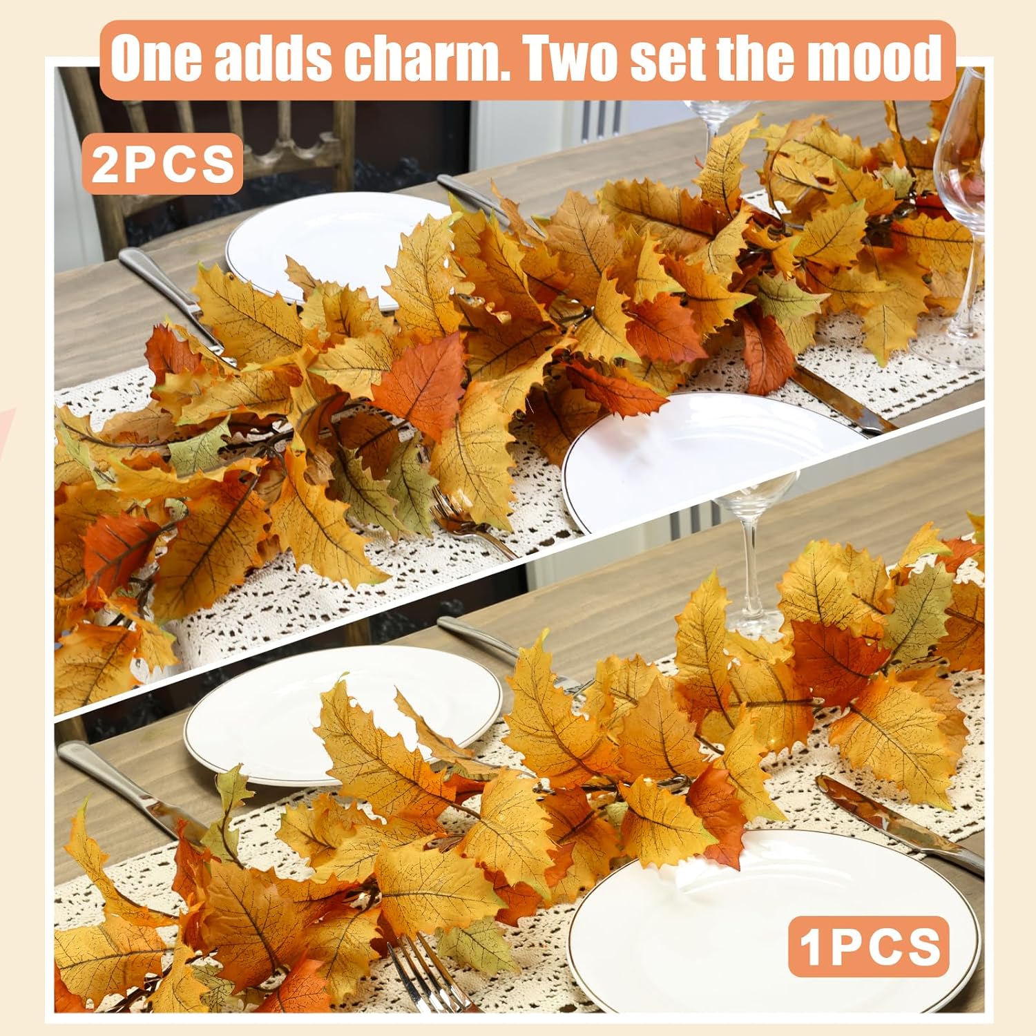 2PC Realistic Fall Garland for Mantle 6FT Fall Leaves Garland With Lights/Timer Fall Decorations for Home Porch Fall Leaf Garlands Autumn Decor for Thanksgiving Outdoor Fireplace Wedding Hanging Table