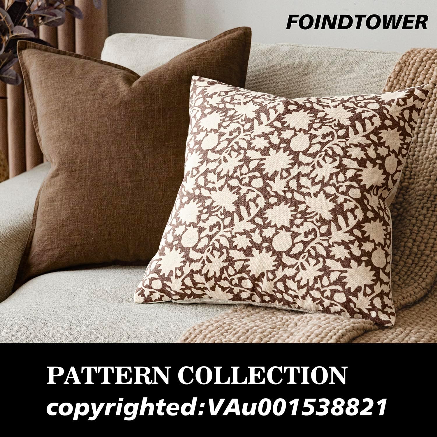 Foindtower Set of 2 Decorative Neutral Floral Throw Pillow Covers Accent Farmhouse Cushion Covers Boho Vintage Pillowcase for Couch Sofa Bedroom Living Room Home Decor Outdoor,20×20 Inch,Brown