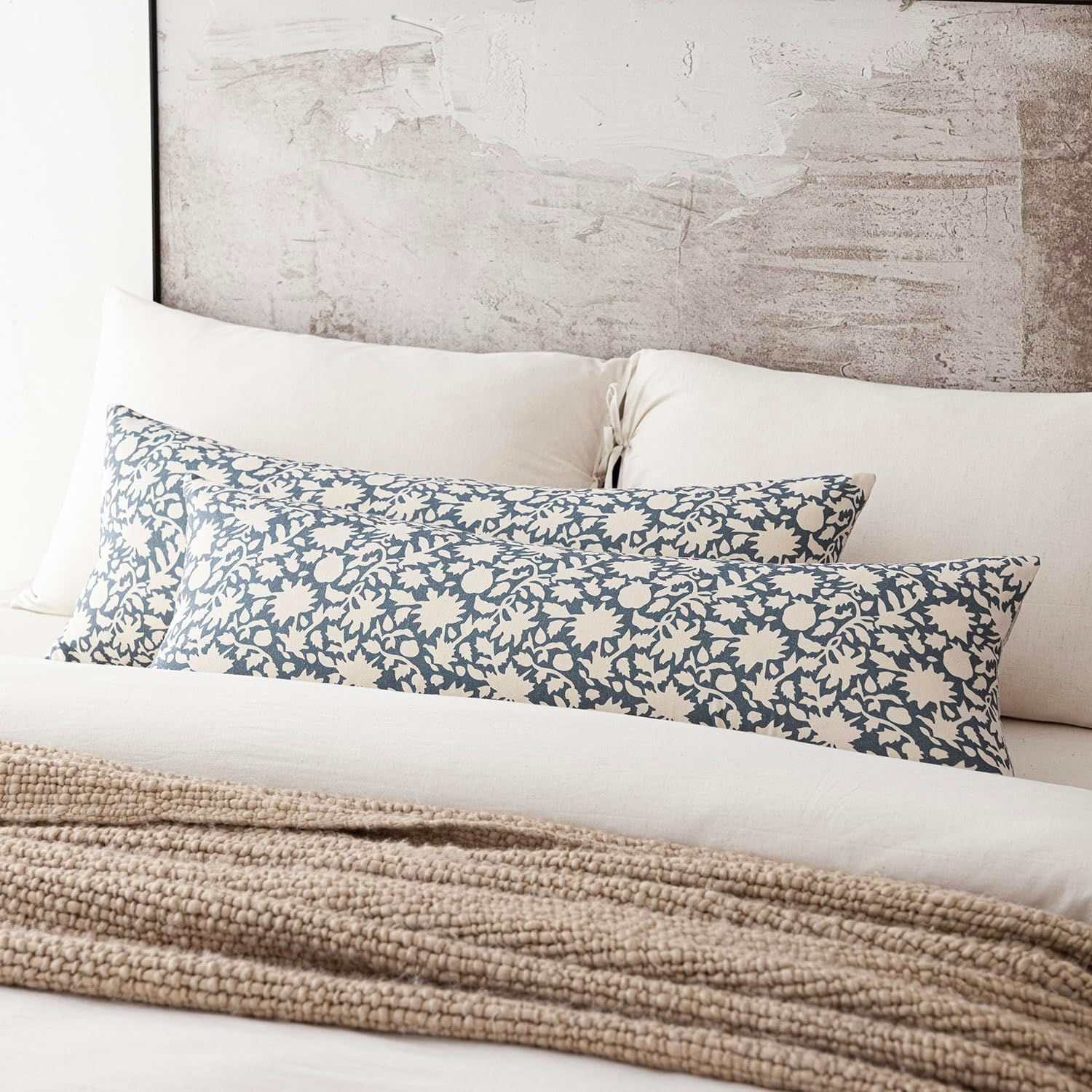 Foindtower Set of 2 Decorative Long Body Lumbar Throw Pillow Covers Accent Farmhouse Cushion Cover Neutral Floral Pillowcase For Couch Sofa Bedroom Living Room Home Decor Outdoor,14×36 Inch,Dusty Blue