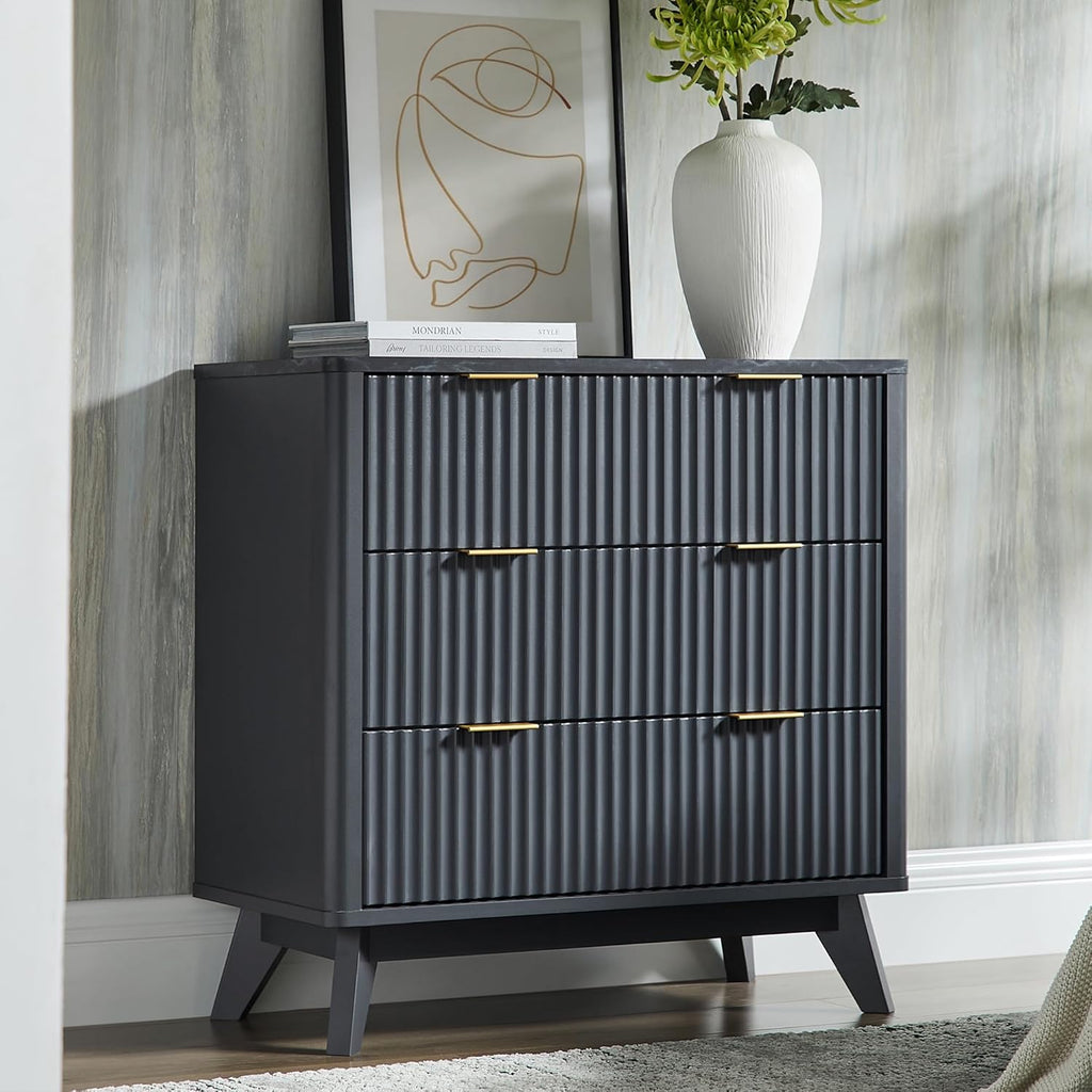 T4TREAM 32" Tall Fluted Nightstand, Modern Side Table with Faux Marble Top, 3 Drawers End Table w/Storage, Bedside Table for Bedroom, Living Room, Curved Profile Design, Dark Grey