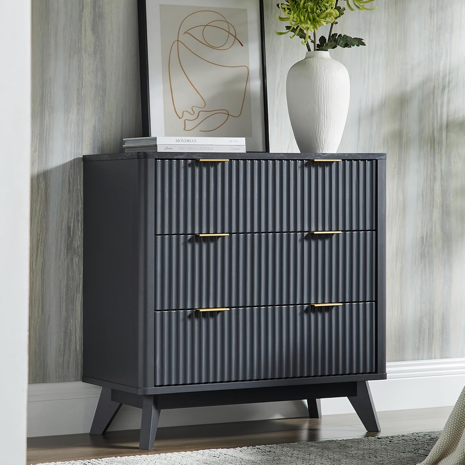 T4TREAM 32" Tall Fluted Nightstand, Modern Side Table with Faux Marble Top, 3 Drawers End Table w/Storage, Bedside Table for Bedroom, Living Room, Curved Profile Design, Dark Grey