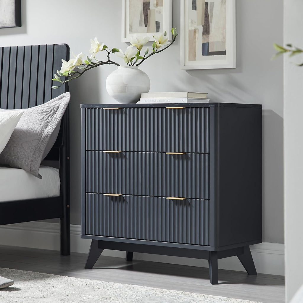 T4TREAM 32" Tall Fluted Nightstand Set of 2, Modern Side Table with Faux Marble Top, 3 Drawers End Table w/Storage, Bedside Table for Bedroom, Living Room, Curved Profile Design, Dark Grey