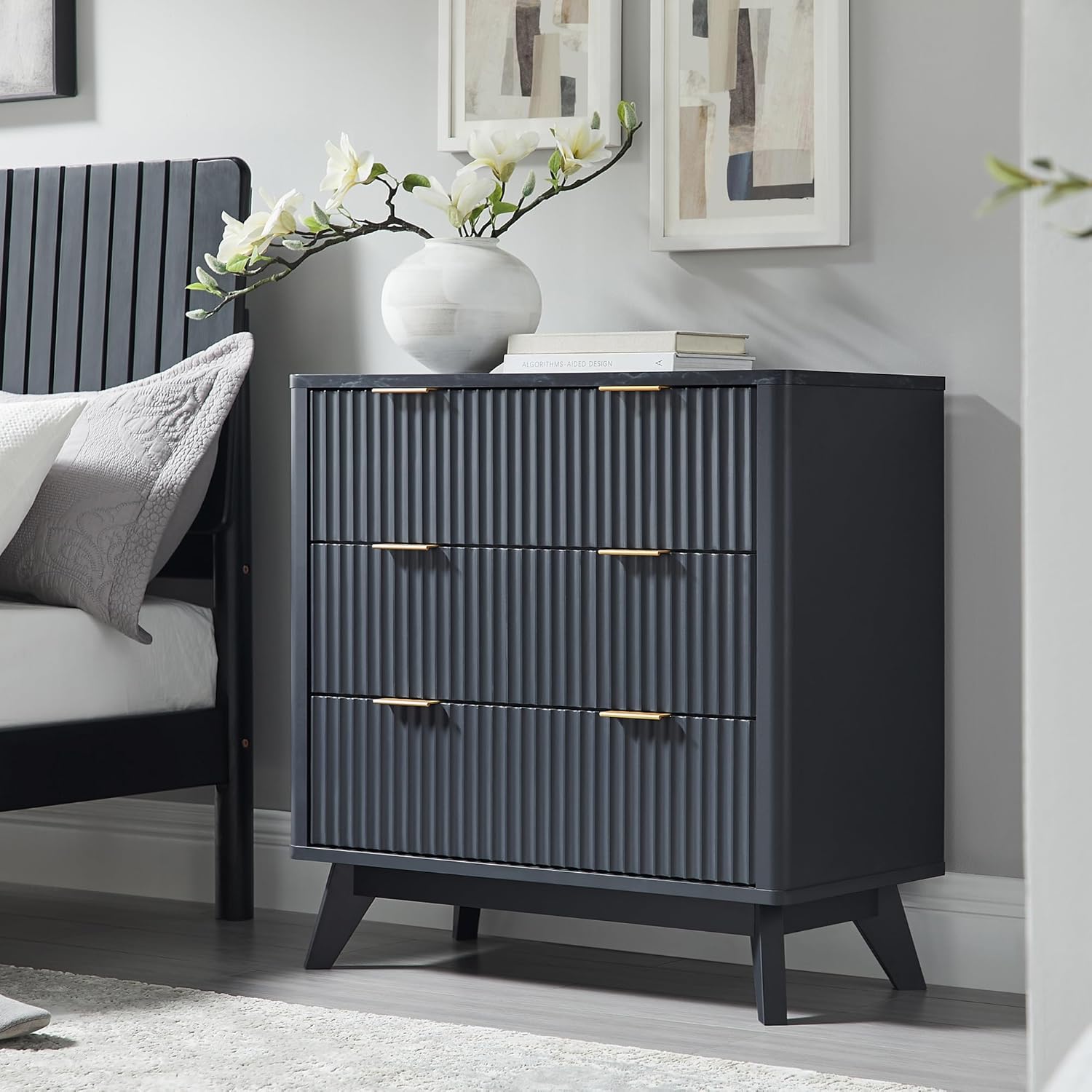 T4TREAM 32" Tall Fluted Nightstand Set of 2, Modern Side Table with Faux Marble Top, 3 Drawers End Table w/Storage, Bedside Table for Bedroom, Living Room, Curved Profile Design, Dark Grey