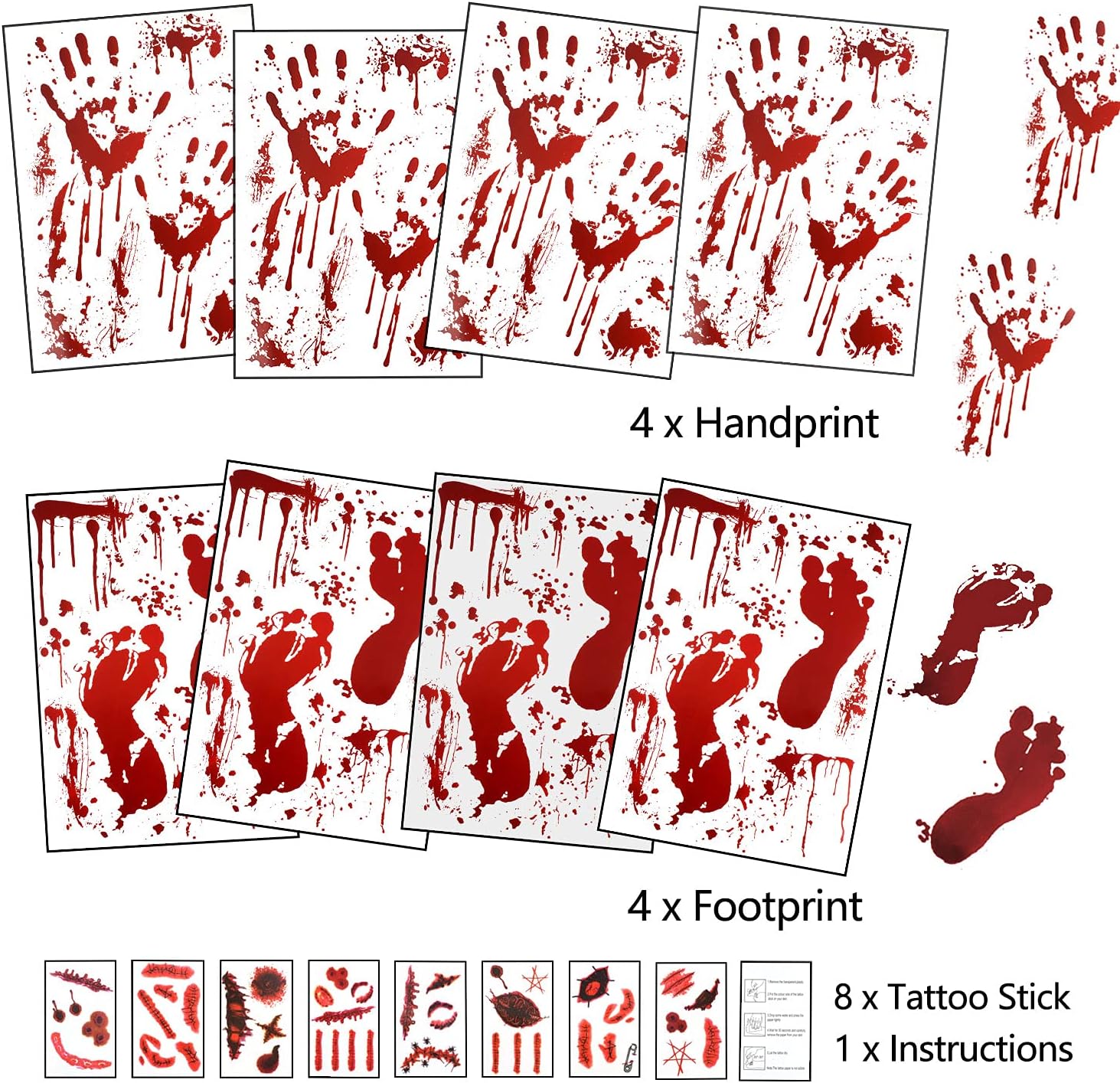 159 PCS Halloween Decorations, 8 Sheets Terror Bloody Handprint Footprint Window Stickers, 8 Sheets Tattoo Stickers, Halloween Party Indoor/Outdoor Decoration,Spooky Wall Decal and Floor Stickers