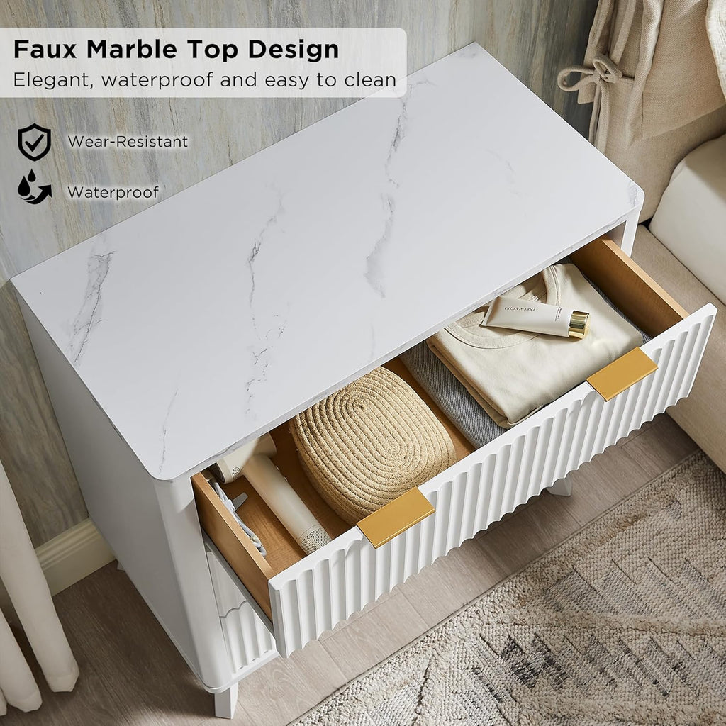 T4TREAM 32" Tall Fluted Nightstand, Modern Side Table with Faux Marble Top, 3 Drawers End Table w/Storage, Bedside Table for Bedroom, Living Room, Curved Profile Design, Solid White