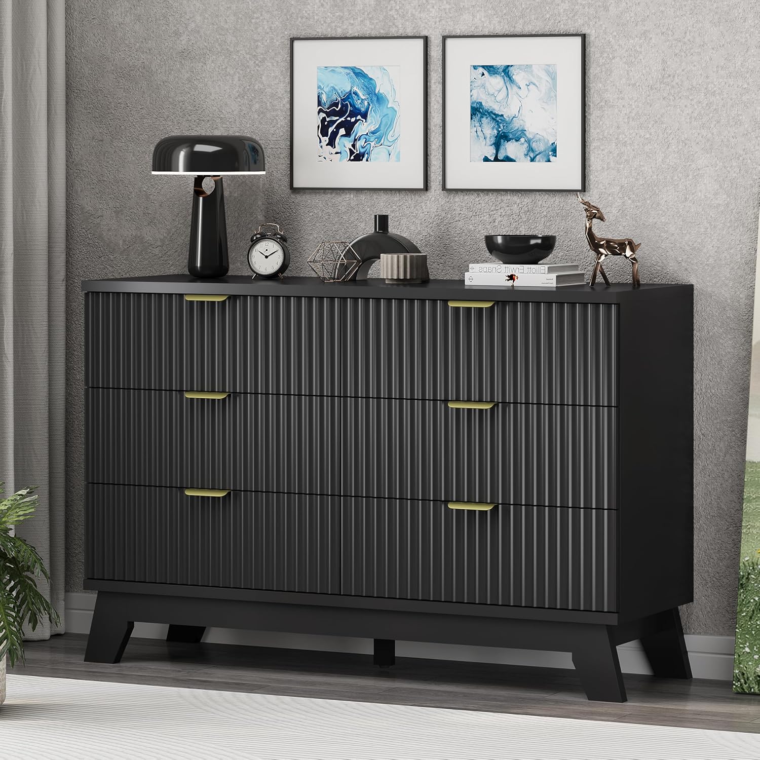 Fluted Dresser for Bedroom with 6 Drawers, 48" Wide Wooden Chest of Drawers with Metal Handle, Modern Dresser TV Stand, Wood Closet Clothes Storage Organizer for Living Room, Hallway, Black