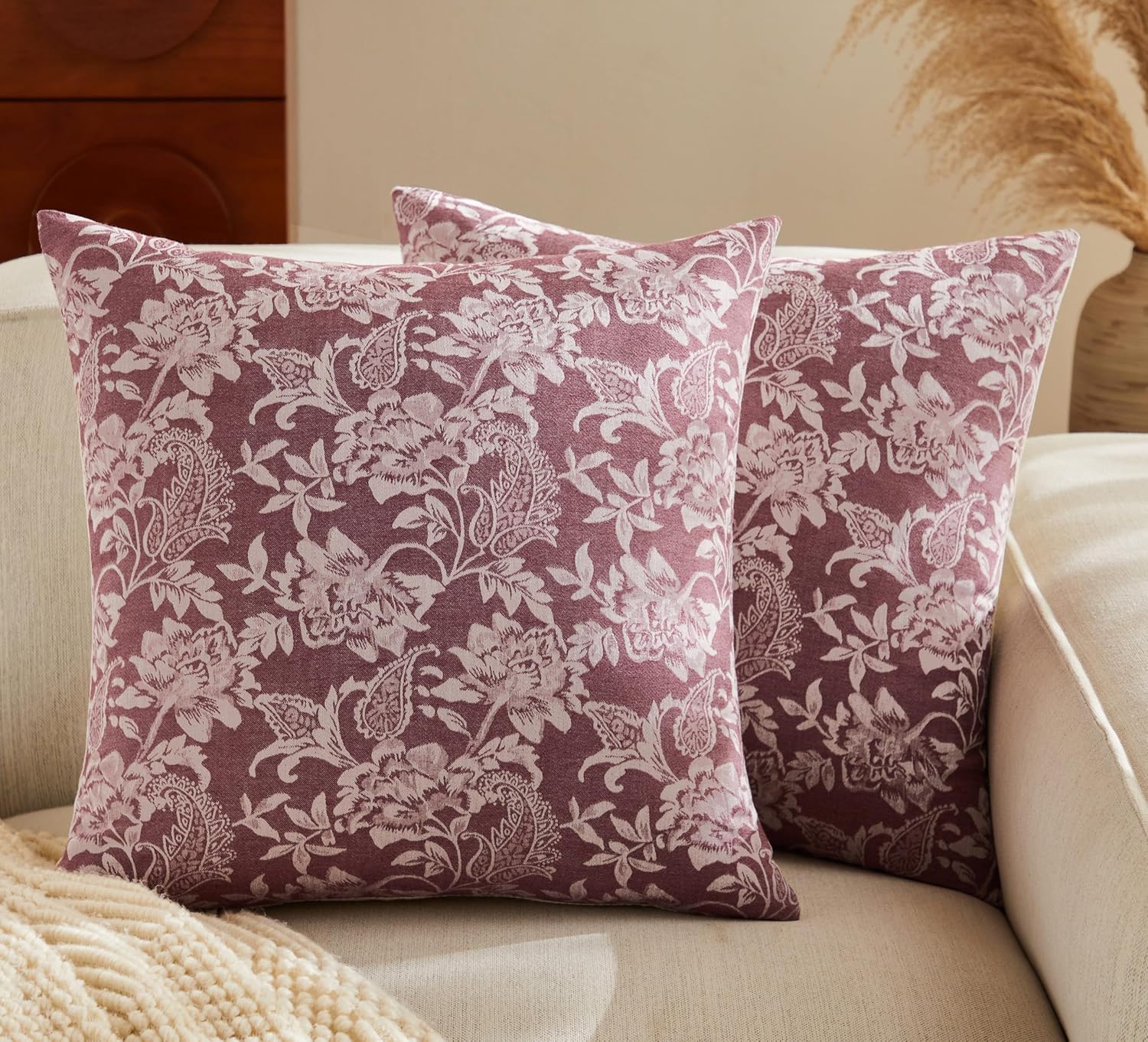 Floral Jacquard Throw Pillow Covers Set of 2, Background/Burgundy 22x22 Inch, Farmhouse Decorative Cotton Burgundy Cushion Covers for Sofa Bed Living Room Home Decor