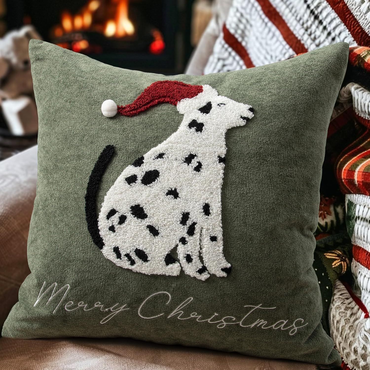 Cute Spotted Dog Christmas Pillow Covers 18x18, Embroidered Throw Pillow Covers Christmas Decorations Holiday Pillows for Home Couch, Green White/Black Velvet Cushion