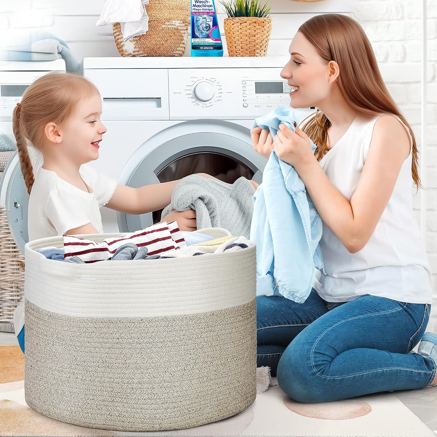 Ravinte Blanket Basket - 20"x 20"x 13" Cotton Rope Basket for Living Room, Baby Toy Storage Basket, Large Woven Laundry Basket (White-Light Brown)