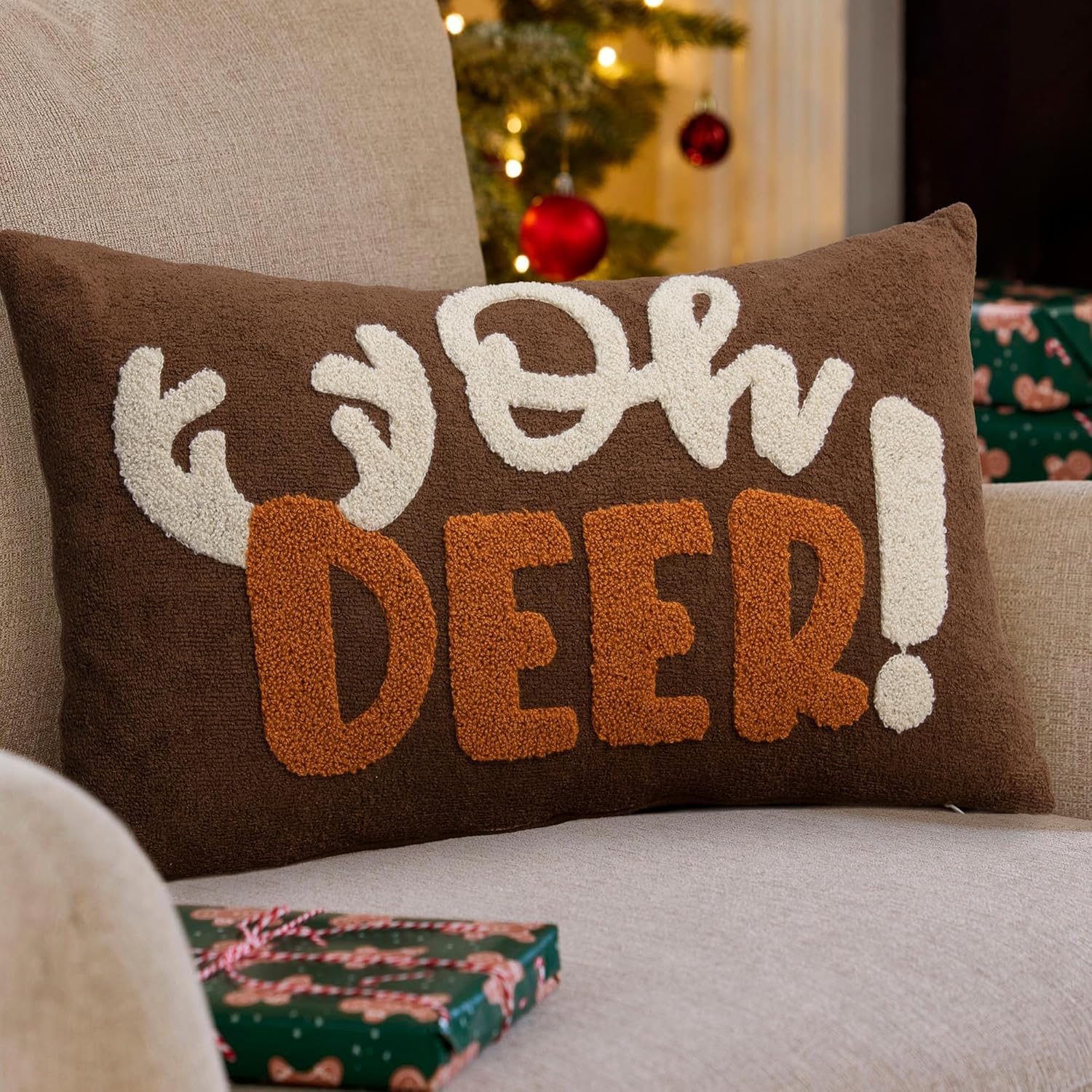 Embroidered Deer Christmas Pillow Covers 12x20, Cute Embroidered Throw Pillow Covers Christmas Decorations Holiday Pillows for Home Couch,Brown/Pumpkin
