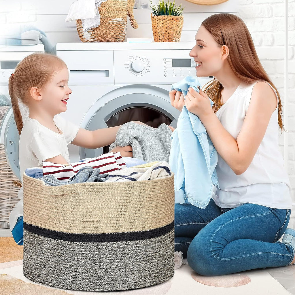 Ravinte Blanket Basket - 20"x 20"x 13" Cotton Rope Basket for Living Room, Baby Toy Storage Basket, Large Woven Laundry Basket (Brown-Black)