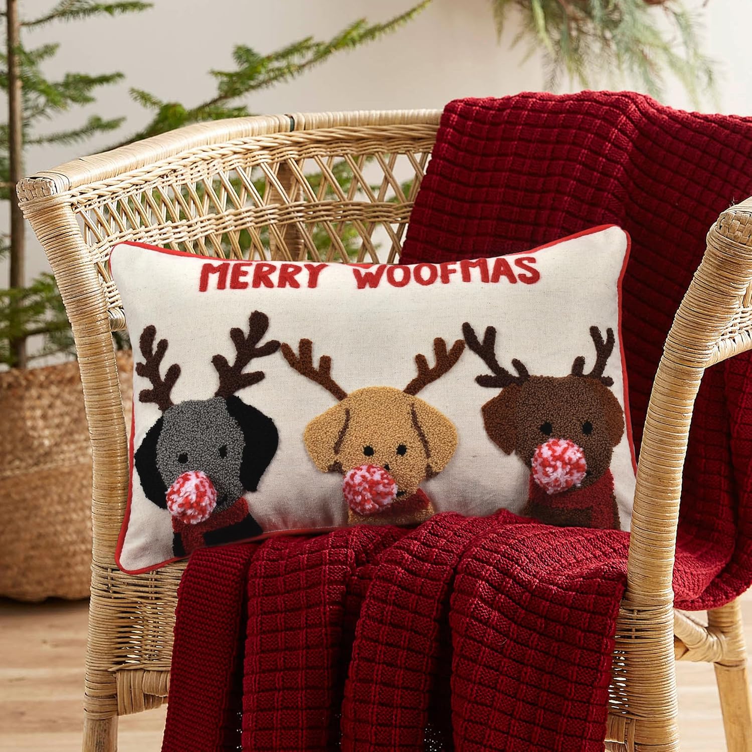 Merry Woofmas Christmas Pillow Covers 12x20, Cute Dog Embroidered Christmas Throw Pillow Covers Christmas Decorations Holiday Pillows for Home Couch,Linen/red