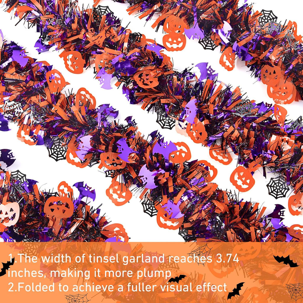 Halloween Tinsel Garland Decorations, 36.75 Ft Shiny Metallic Halloween Hanging Decorations with Pumpkin Bat Spider Web, Purple and Orange Tinsel Garland for Outdoor Indoor Home Tree Party Decor