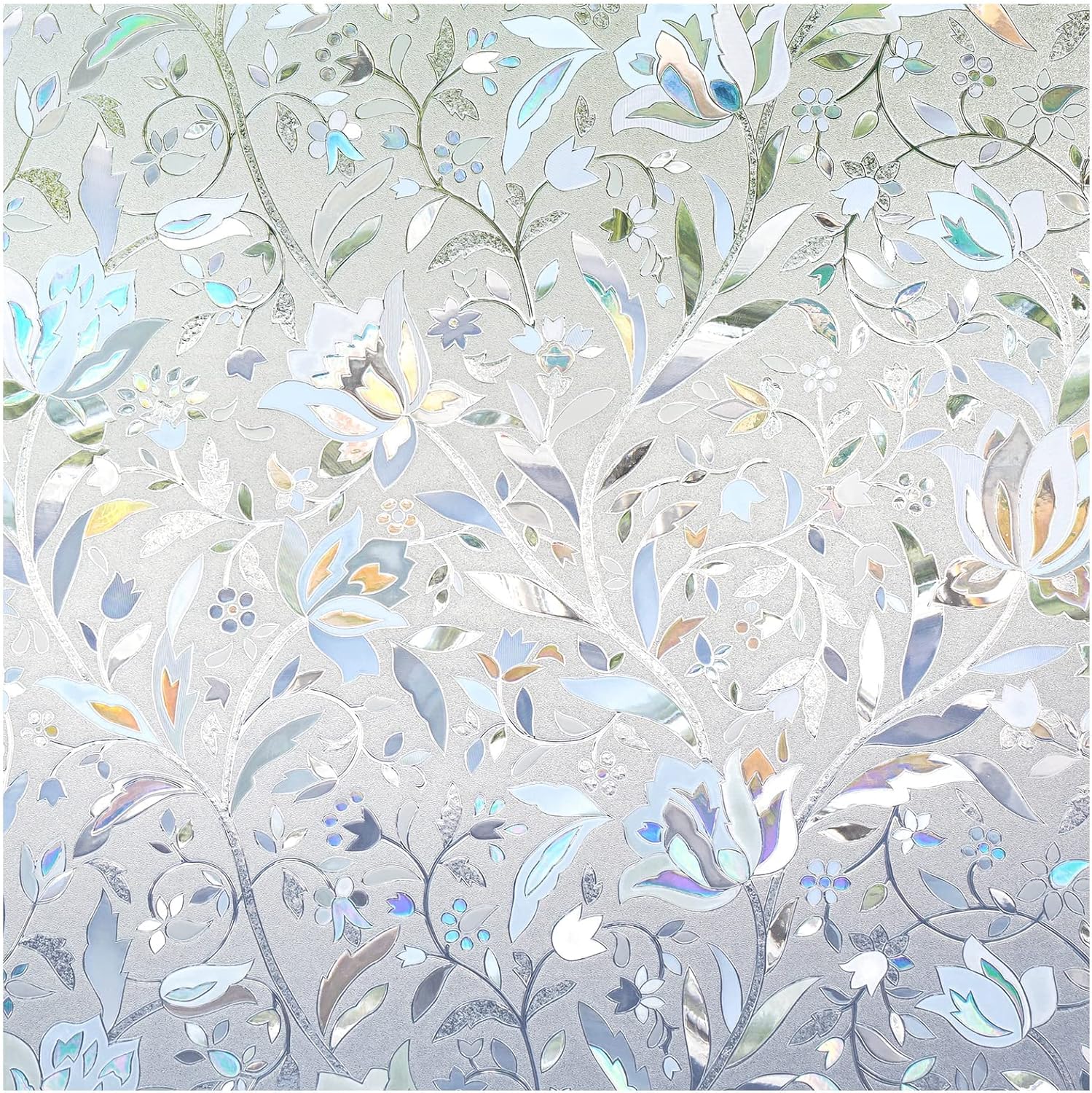 DOWELL Window Privacy Film, 3D Stained Glass Rainbow Films, Decorative Window Vinyl Sun Blocker Door Covering, Static Cling Non-Adhesive Glass Sticker for Home, Blooming Flowers, 23.6"x157.4"