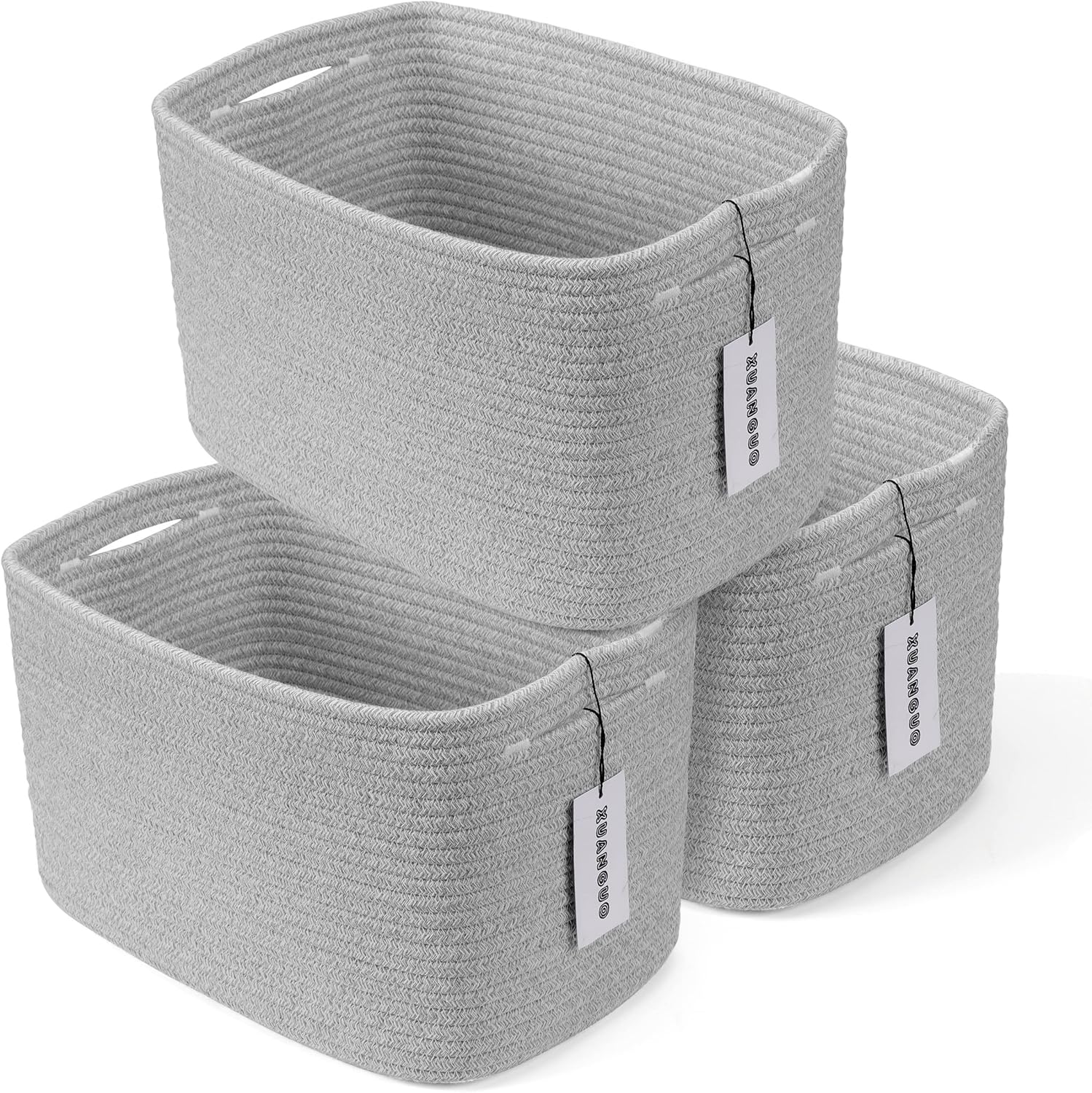 Cotton Rope storage Basket Bins Woven Basket for Organizing Shelves 14.5X9.5X9.3“ Rectangle Decorative Baskets For storage Clothes Toys Books Towels Square Wicker Nursery basket organizer 3 pack grey