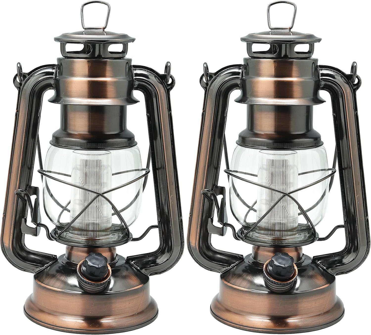 YAKii LED Vintage Lantern Metal Hanging Hurricane 12 LED Dimmer Switch Cold White Battery Operated Power Outage Indoor Camping Lighting Outdoor Brooklyn (Copper 2 Pack)