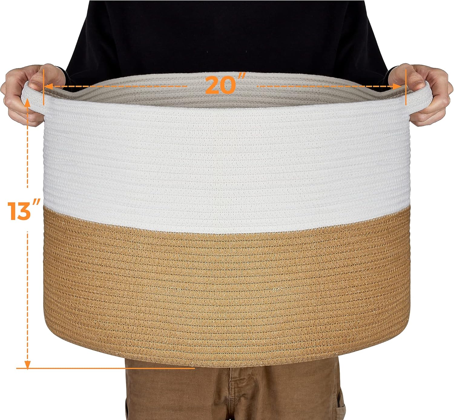 Ravinte Blanket Basket - 20"x 20"x 13" Cotton Rope Basket for Living Room, Baby Toy Storage Basket, Large Woven Laundry Basket (White -Brown)