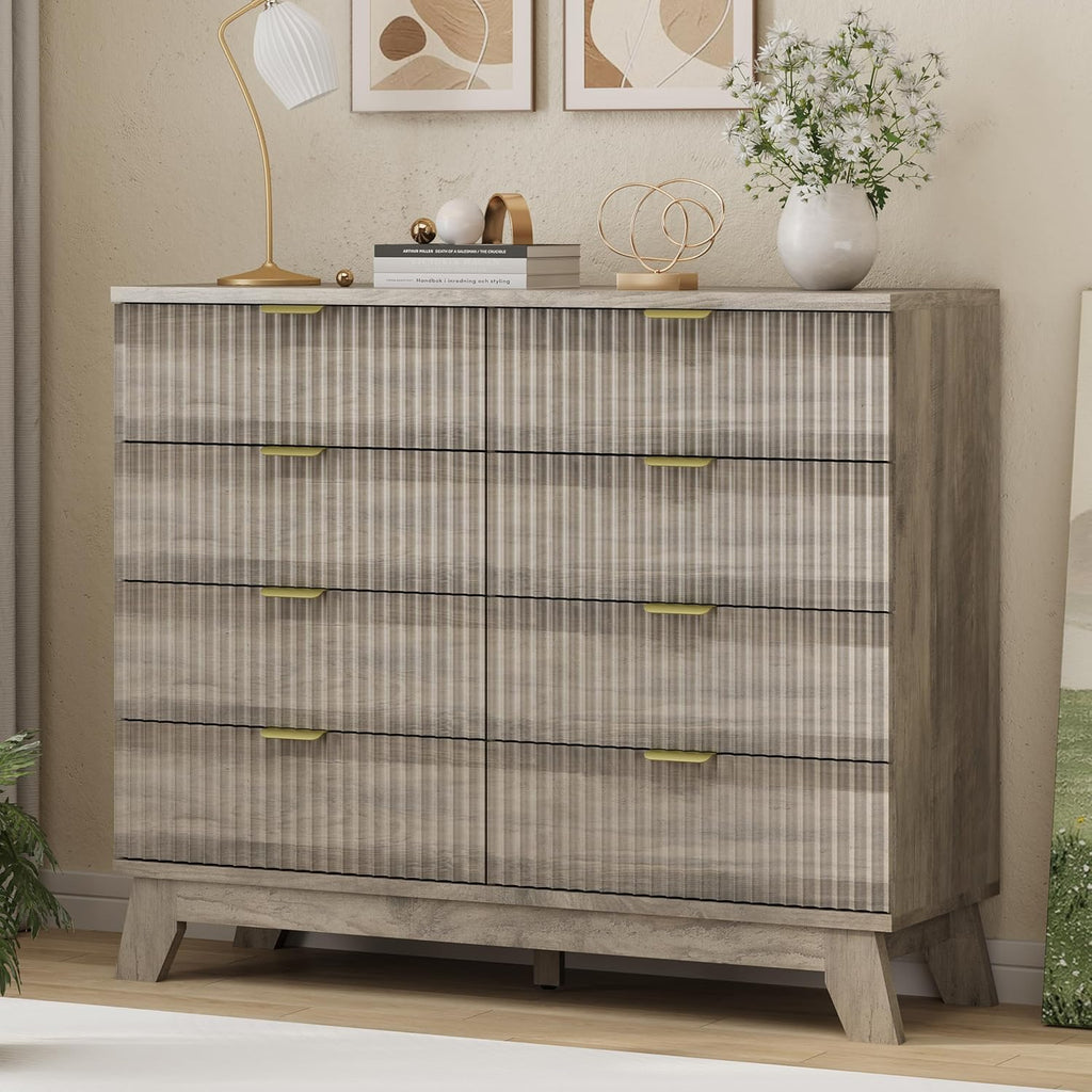 Fluted Dresser for Bedroom with 8 Drawers, 48" Wide Modern Chest of Drawers with Metal Handle, Wooden Dresser TV Stand, Wood Closet Clothes Storage Drawer Organizer for Living Room, Hallway, Grey
